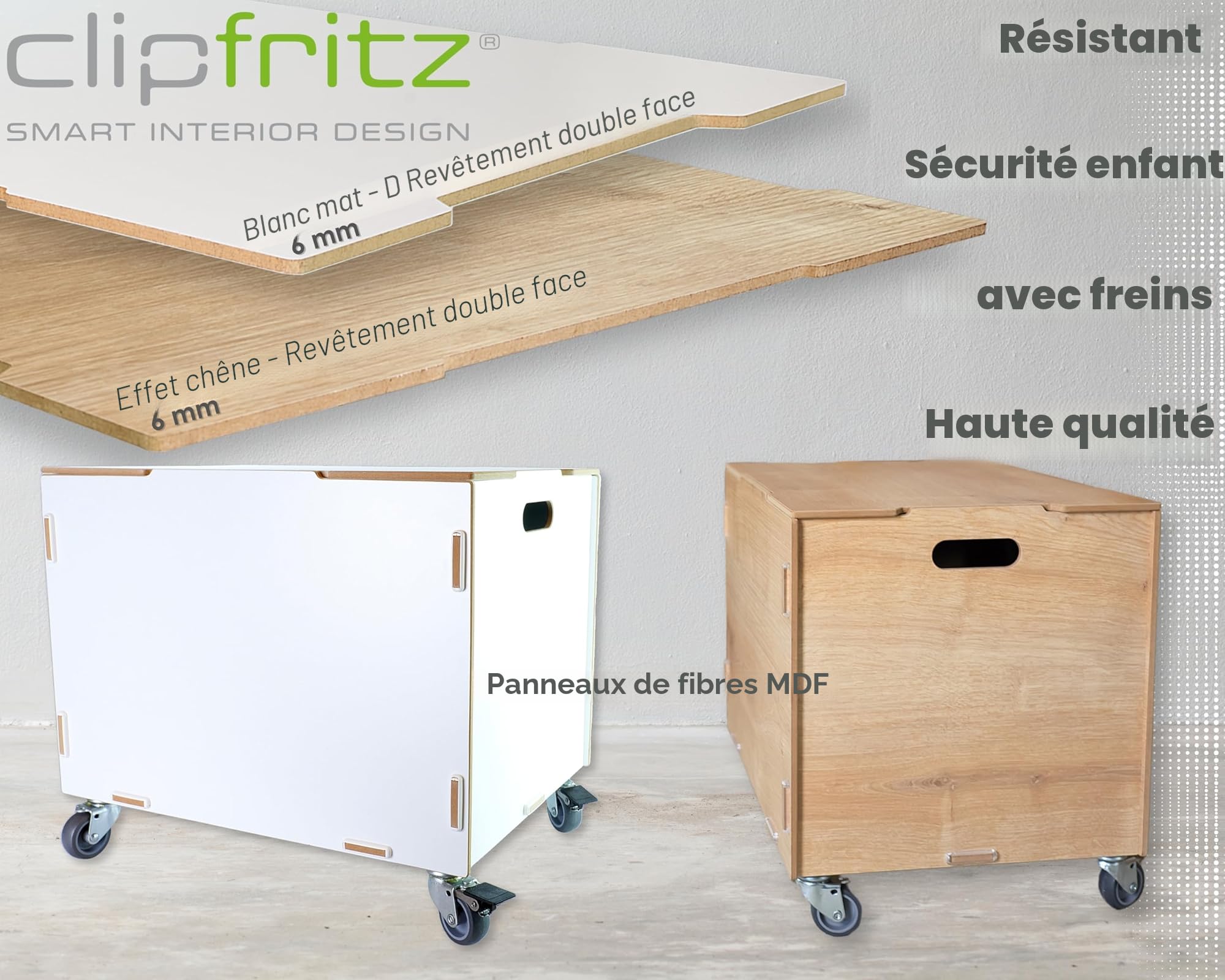 Caisse avec roulettes et couvercle 45,5x34,5x39,5cm (Bois MDF) - Caisses de rangement avec Poignées - Bac de rangement pour livres, jouets, chambre d'enfant, bureau (Coffre en bois blanc)