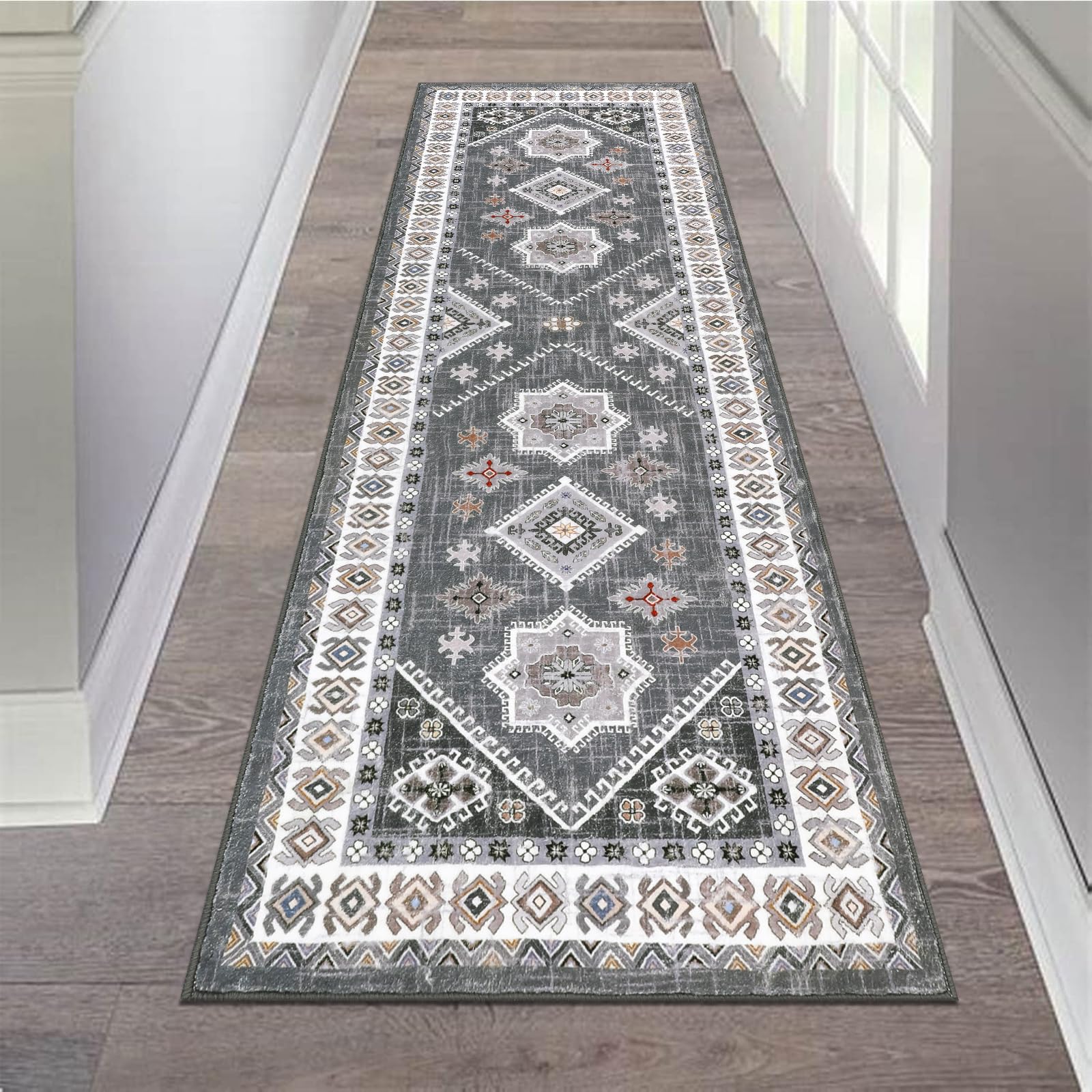 Photo 1 of HEBE Boho Runner Rug 2x6 Ft Non Slip Washable Hallway Rug Runner, 2X6Ft Grey
