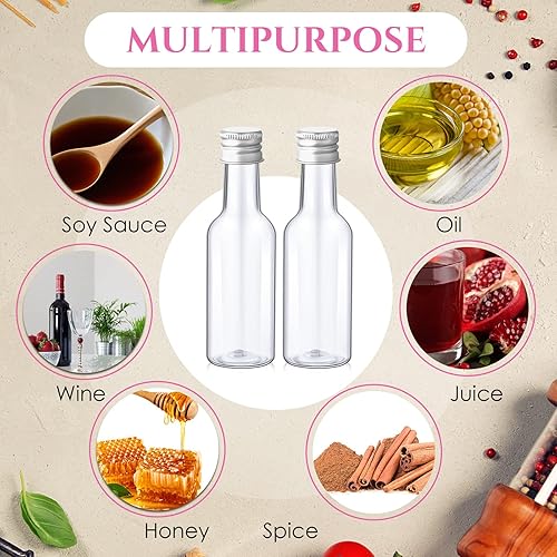Miniatura 5 de Yinder 100 botellas pequeñas de licor de 1.7 onzas a granel, pequeñas botellas vacías de plástico con tapas, embudos de papel Kraft, cuerdas para