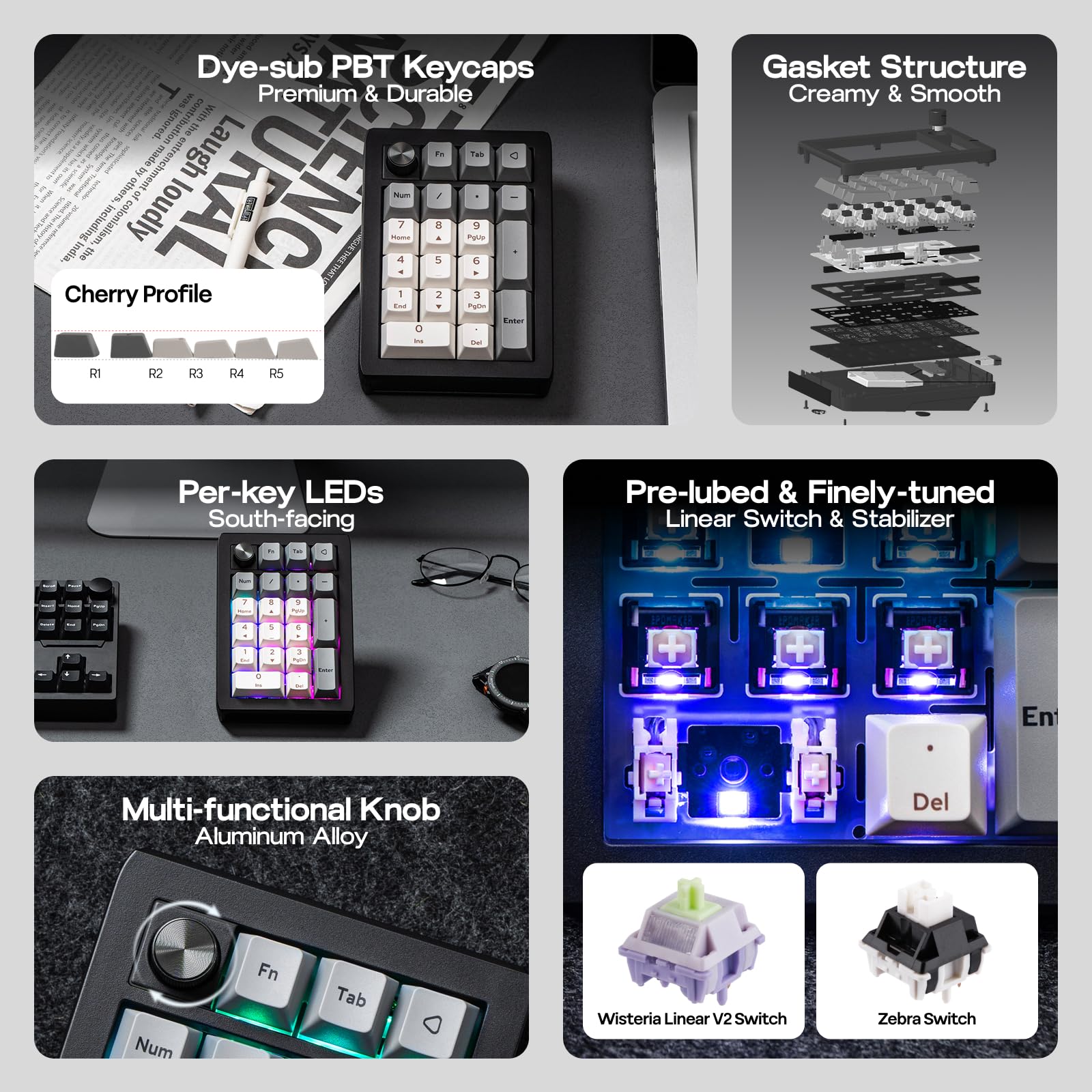 EPOMAKER EK21 VIA Gasket Tastierino Numerico con Batteria da 1000mAh, BT 5.0/2.4ghz/Wired Hot-Swap Numpad with Aluminum Alloy knob, Programmable for Win/Mac/Gaming (Nero, Zebra Linear Switch)