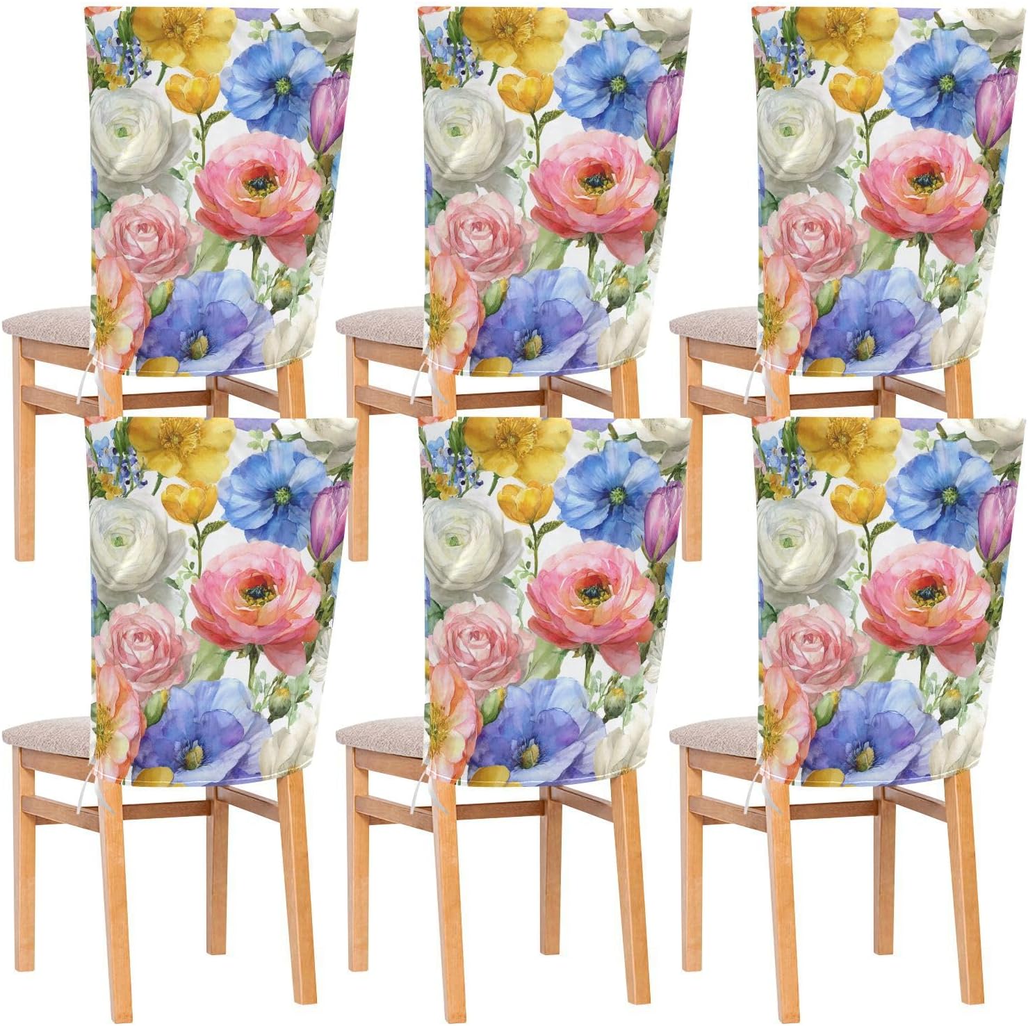 ALAZA Spring Peony Roses Tulips Flowers Chair Back Cover Set of 6, Washable Reusable Removable Chair Slipcovers Decorative Chair Cover for Home Kitchen Wedding Party
