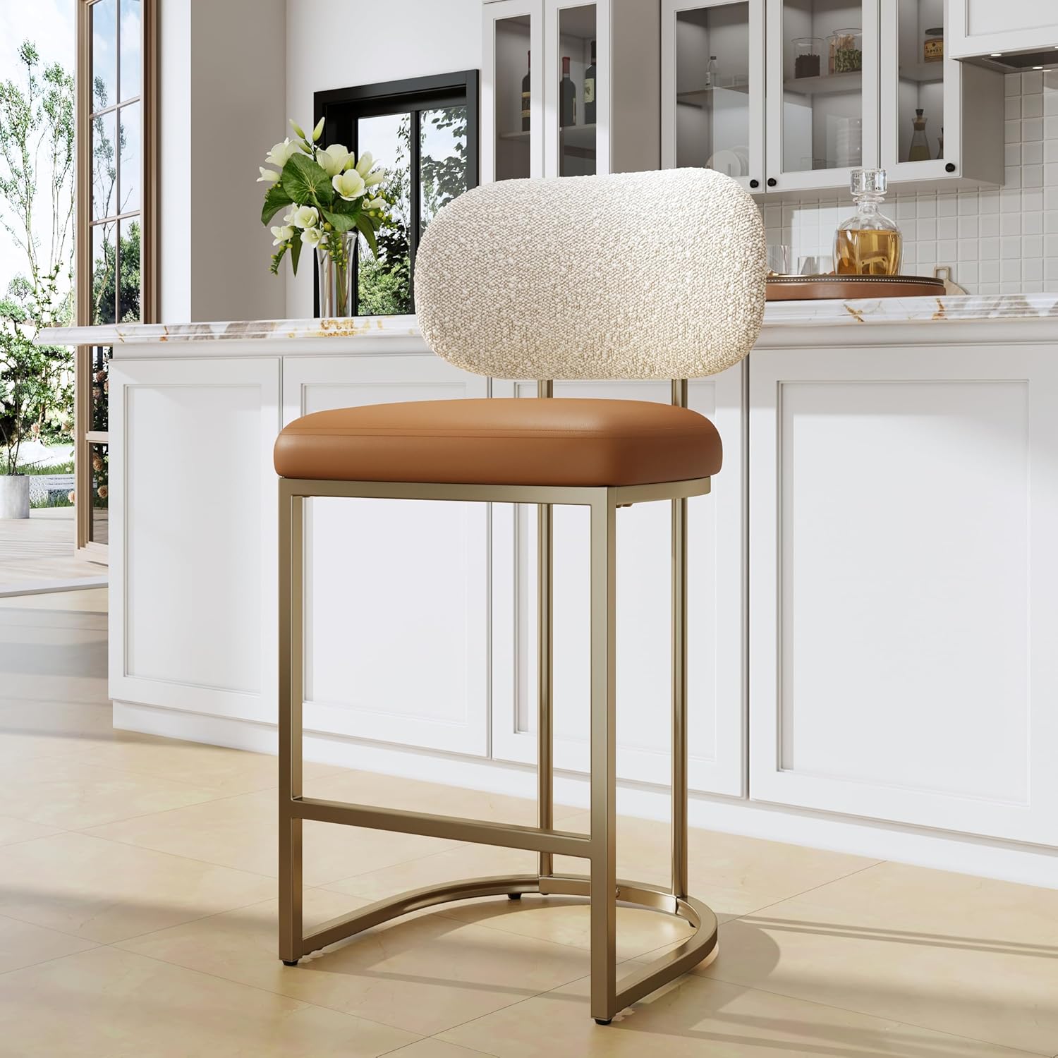 GREEN PARTY 24.8“ Bar Stools with Back, Counter Height Bar Stools, Modern Bar Stools for Kitchen Island Upholstered Boucle Bar Chairs with Gold Legs, 300LBS Capacity (Saddle Brown)