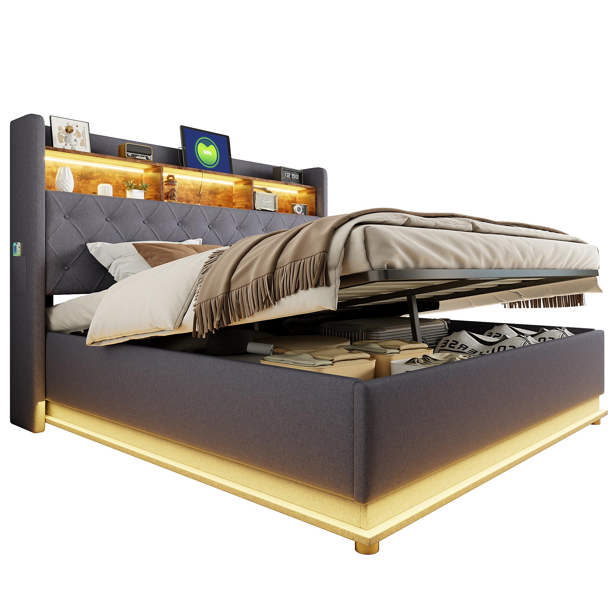 Kebnor - Letto imbottito con LED, letto imbottito con spazio di archiviazione e presa USB e spazio di archiviazione idraulico, tessuto di lino amichevole per la pelle (grigio, 180 x 200 cm)