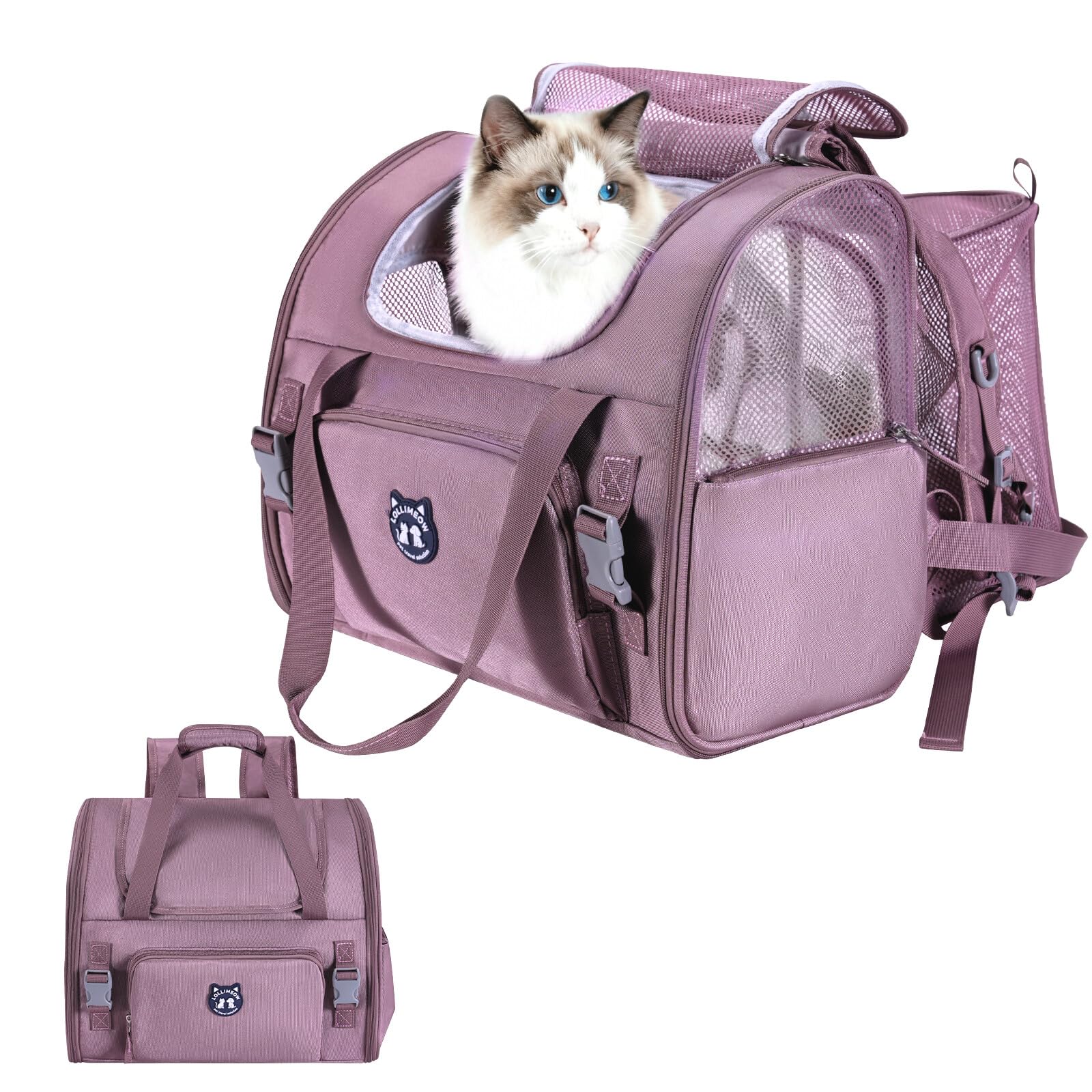 Lollimeow Expandable Cat Carrier Backpack for Large Cats - Airline Approved Pet Carrier Backpack for Small Dogs, Hiking & Travel, Waterproof with Breathable Mesh, 22lbs Capacity (Plum, Large)