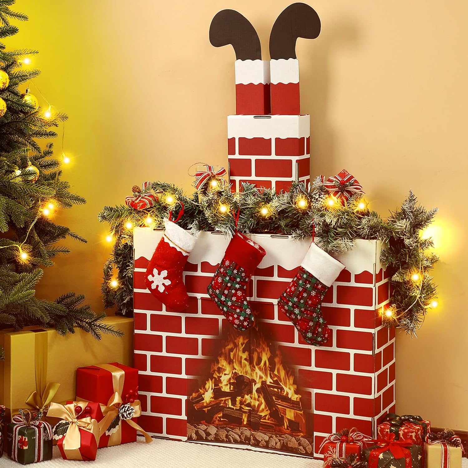 Christmas Santa Claus Fireplace Chimney Cardboard Giant Red Brick Cardboard 3D Fireplace Fake Centerpiece for Christmas Party Backdrop Decoration 44 x 27 x 7 Inches