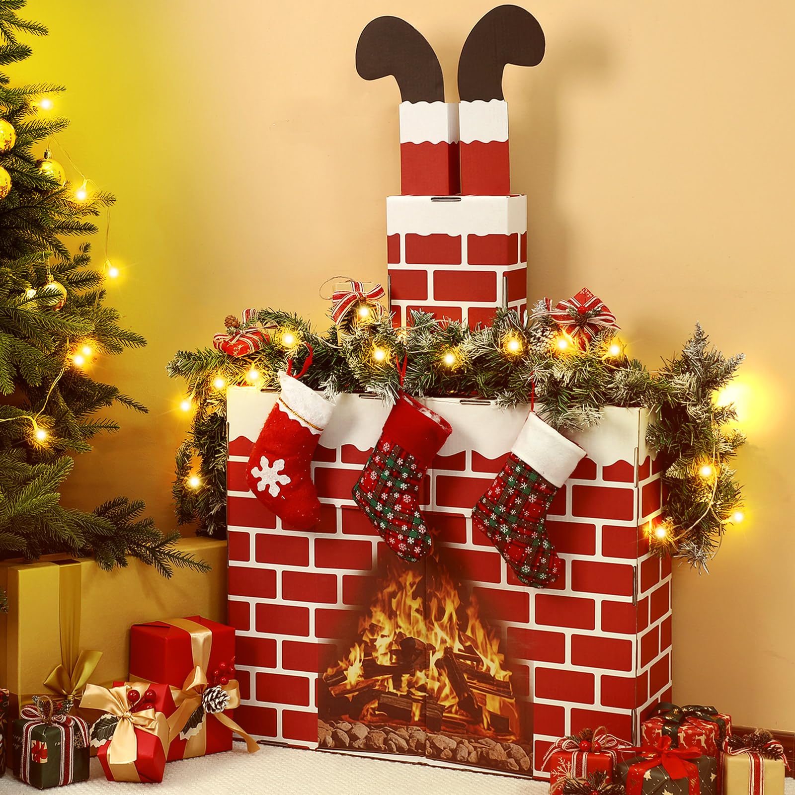 Christmas Santa Claus Fireplace Chimney Cardboard Giant Red Brick Cardboard 3D Fireplace Fake Centerpiece for Christmas Party Backdrop Decoration 44 x 27 x 7 Inches