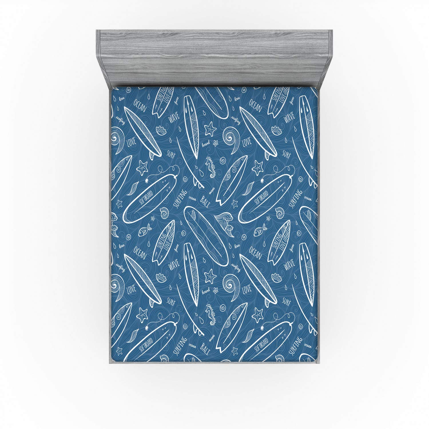 Ambesonne Surfboard Fitted Sheet, Blue Waters Oceanic Elements Waves Swirls Doodle White Outlines Hobby Fun Times, Bed Cover with All-Round Elastic Deep Pocket for Comfort, Full Size, Blue White