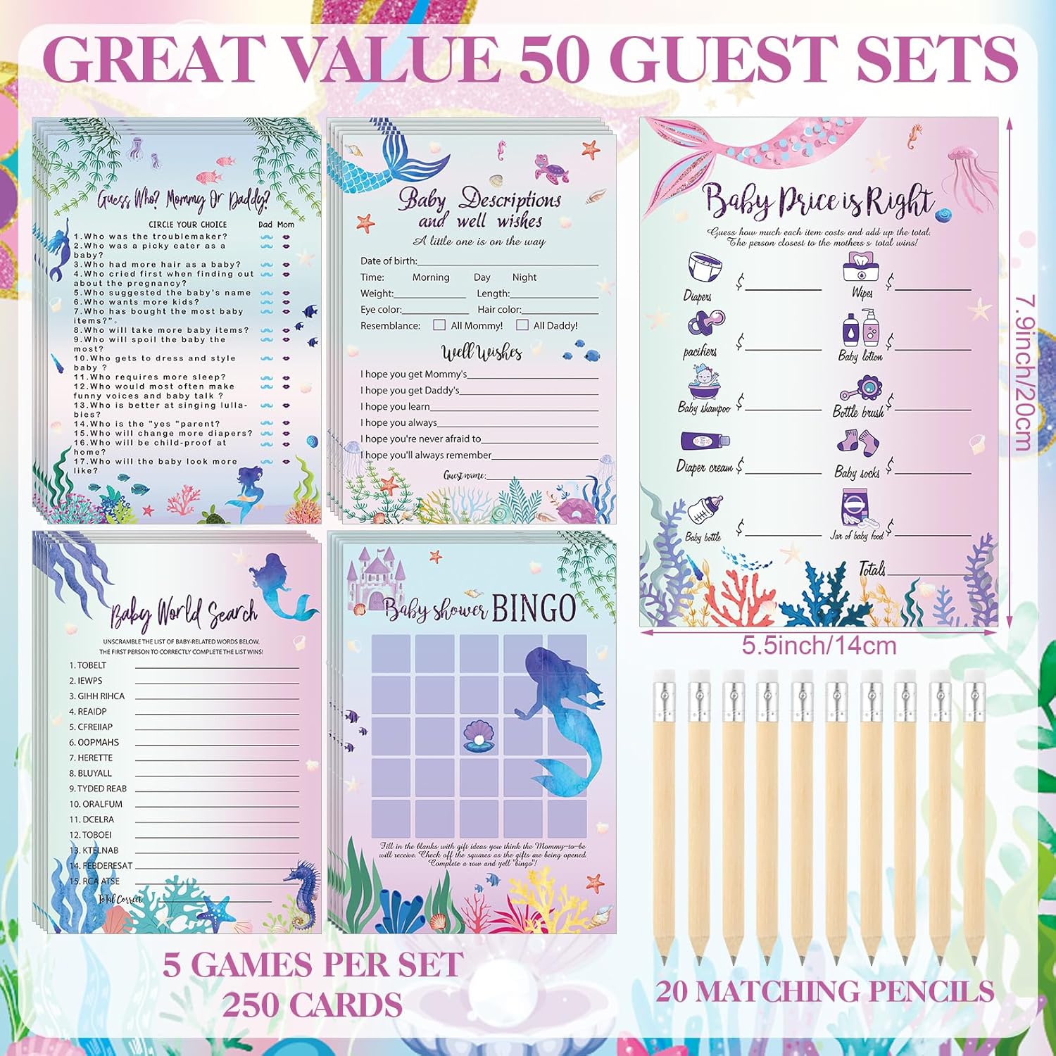 Patelai 321 Pcs Mermaid Baby Shower Decorations A Mermaid Is on The Way Baby Shower Decorations Don't Say Games 5 Set Serve 50 Guests for Under The Sea Gender Reveal Birthday Party Supplies