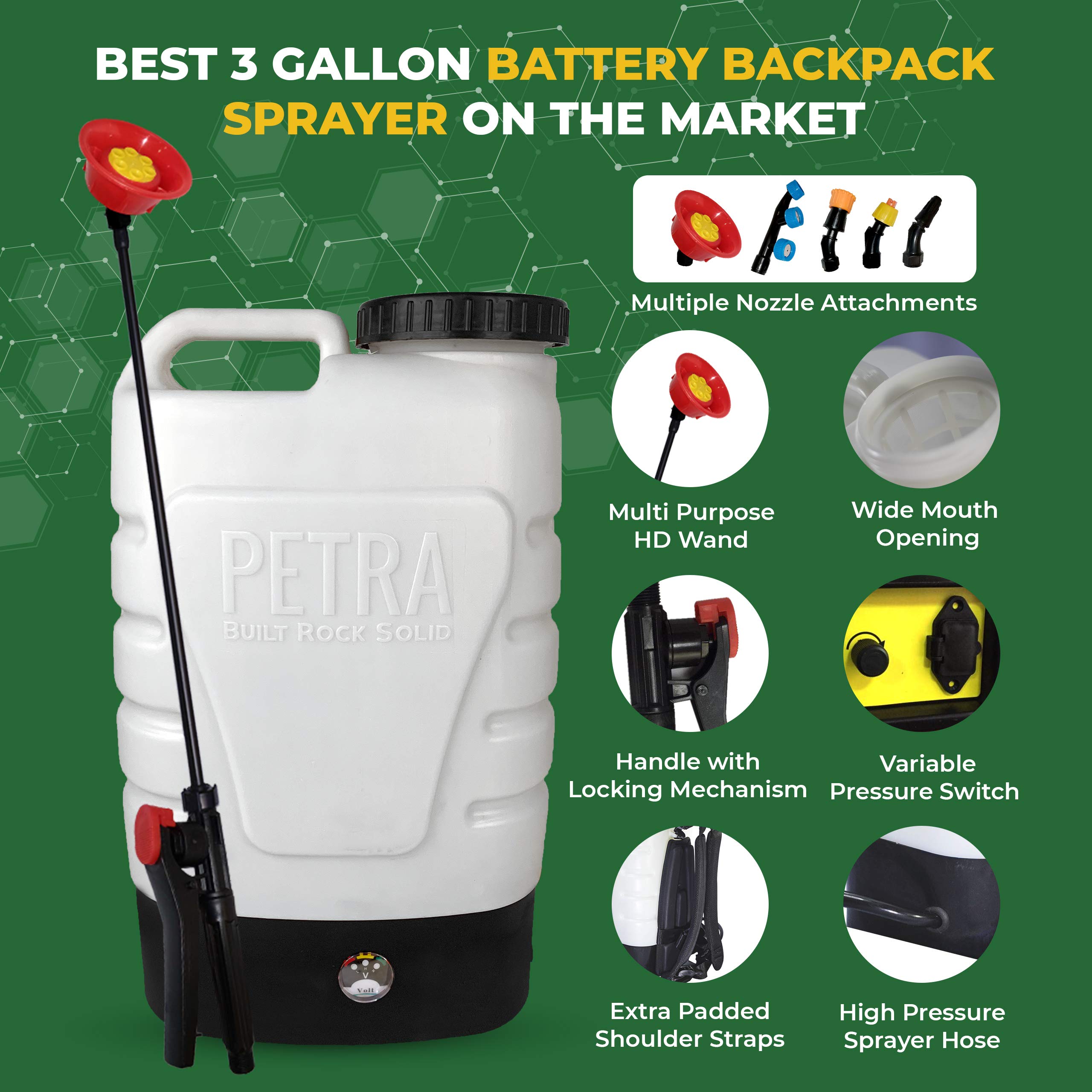 PetraTools 3Gallon Battery Powered Backpack Sprayer Extended Spray