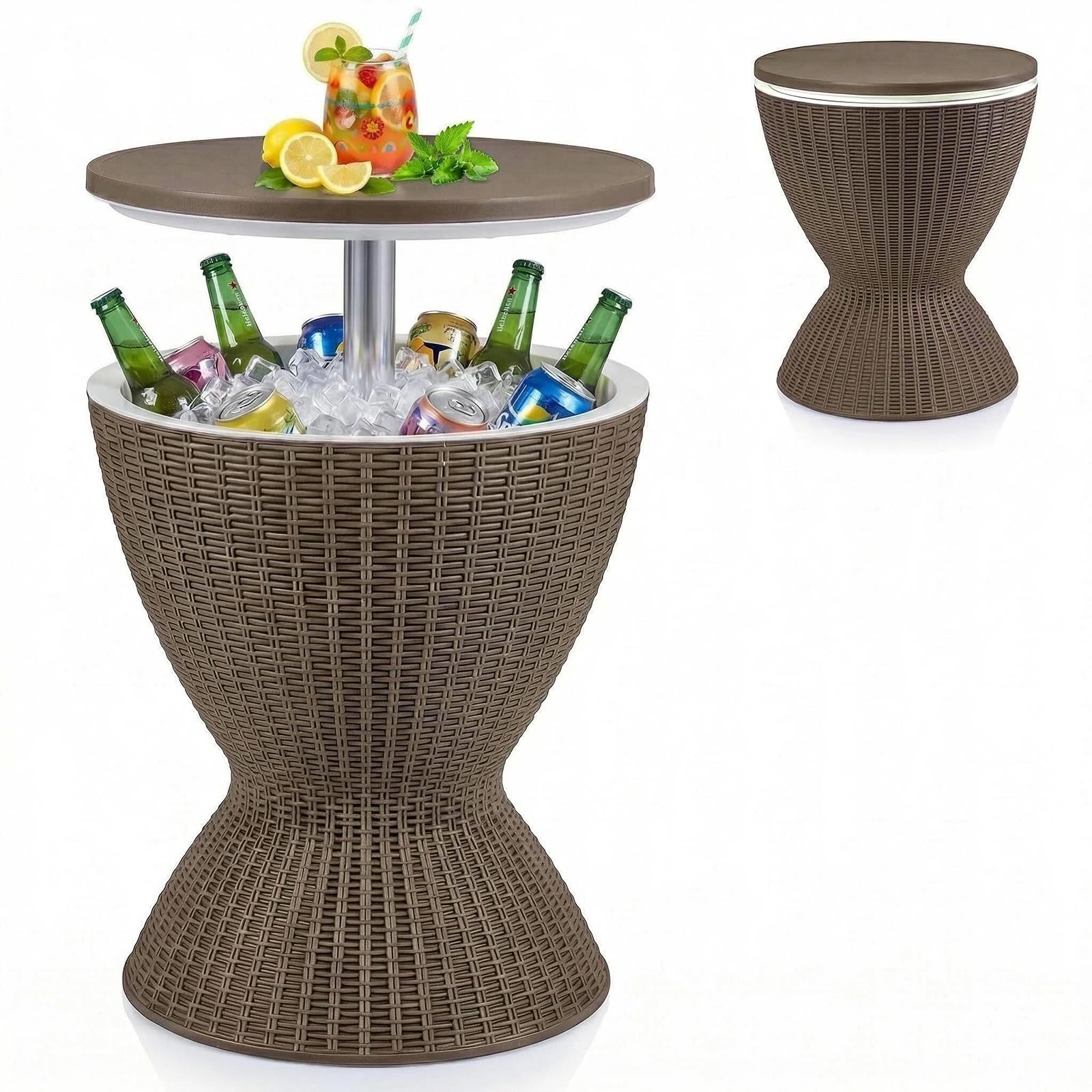 TANGZON 30L Ice Bucket Table, Side Table Beer Cooler with Telescopic Tabletop, All-Weather Outdoor Coffee Cocktail Tables for Backyard Party Poolside