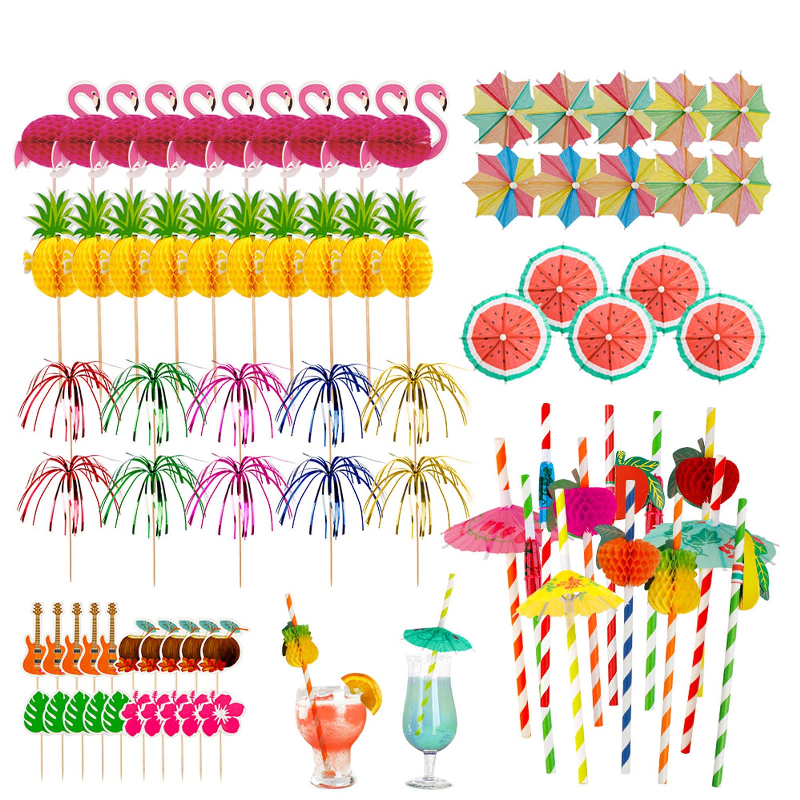 90 unidades de decoración de cócteles, sombrillas de fuegos artificiales, pajitas decorativas, agitadores, palillos de cóctel, bebidas, decoración para verano, fiestas, playa, bodas, bares, bebidas,