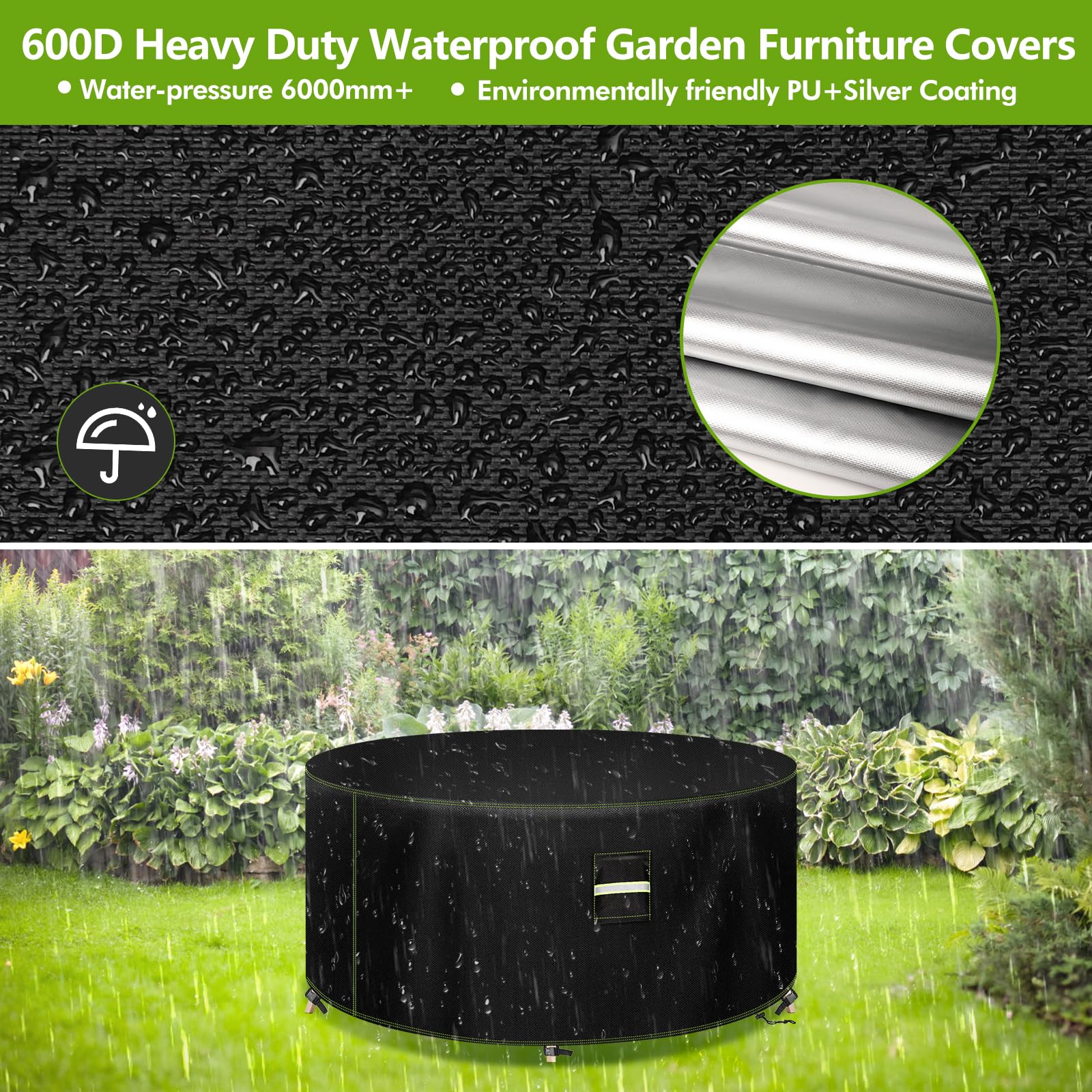 VDISRR Housse Table de Jardin, 600D Tissu Oxford Housses pour Mobilier Ø130 x 71 cm, Bâche Salon de Jardin avec Grilles D'aération, Imperméable, Coupe-Vent, Anti-UV Couverture de Protection Meubles