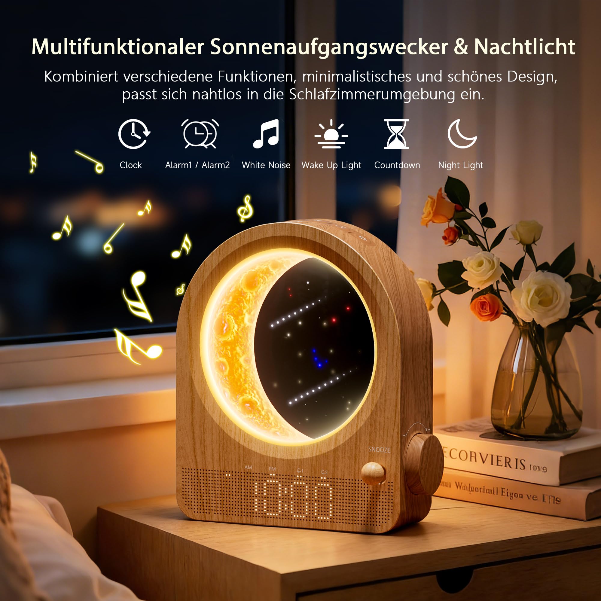 blonbar Wecker & Mondlampe, Nachttischlampe mit Lichtwecker, Tageslichtwecker, Nachtlicht mit 3 Helligkeitsstufen,10 Natürliche Klänge, Ideal für Schlafzimmer