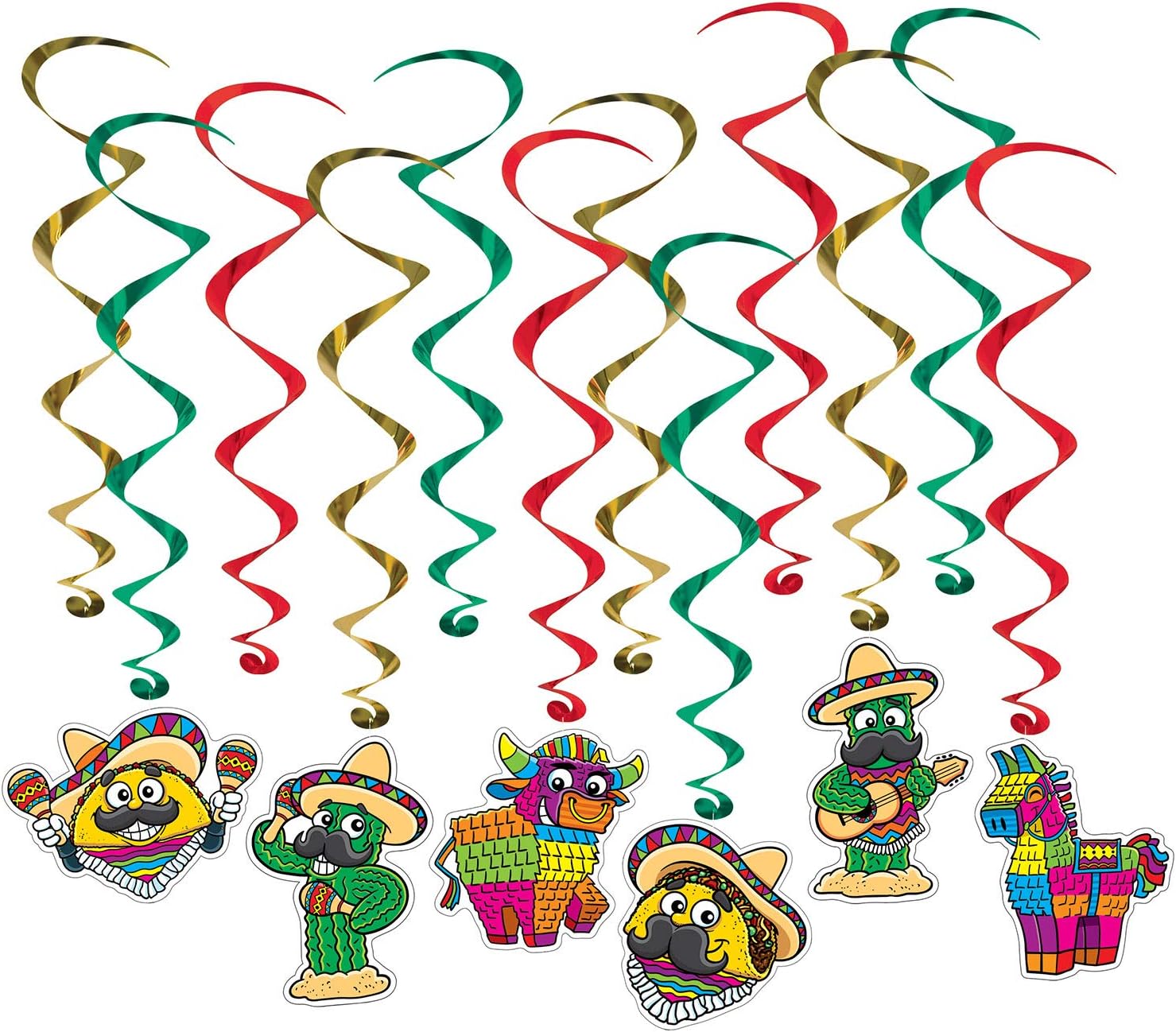 Beistle Mexican Party Decorations Cinco De Mayo, Assorted Fiesta Hanging Whirls 17.5 Inch to 34 Inch, Pack of 72
