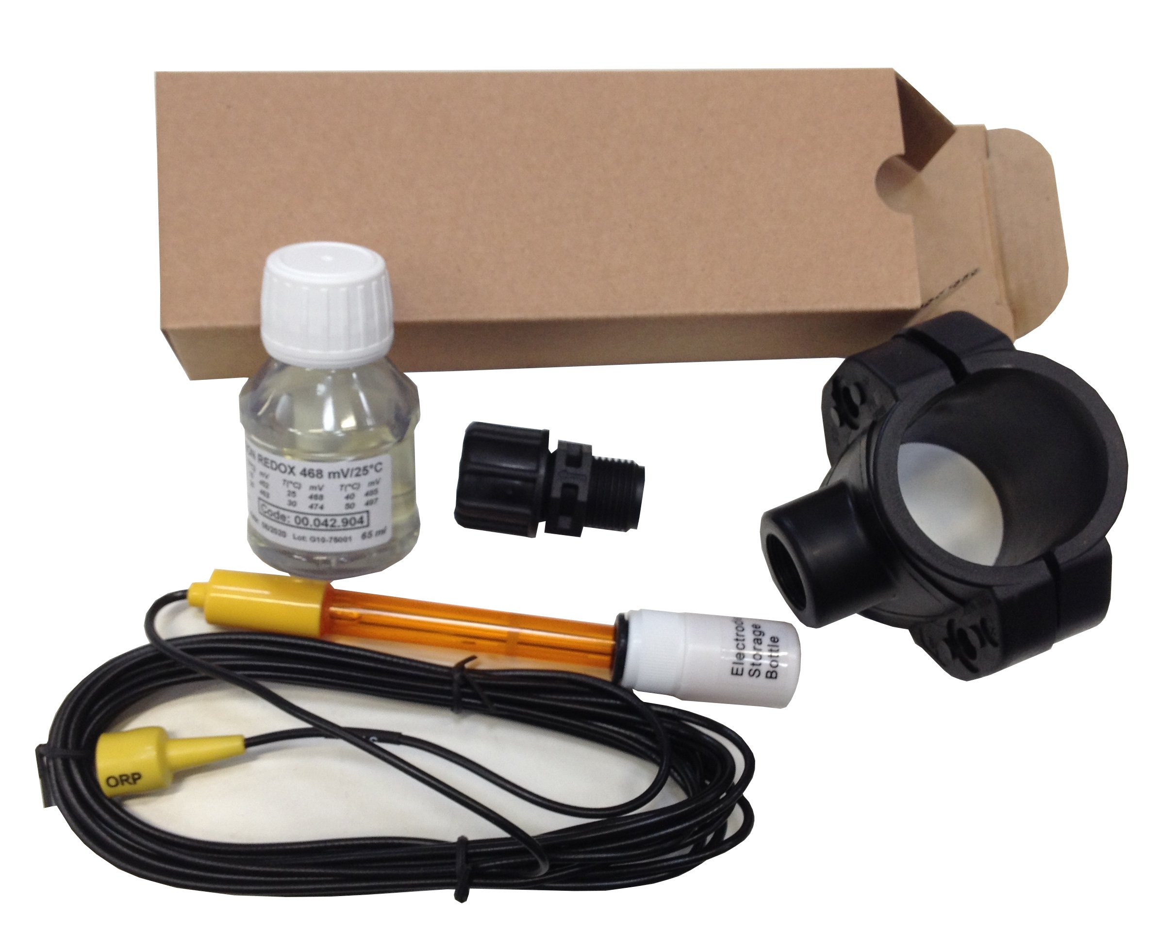 Kit de electrodo Redox (ORP) combinado con doble unión, rango medida +/- 1000 mV con solución tampón para la calibración, porta electrodo para tubería y toma de soporte de 50 mm