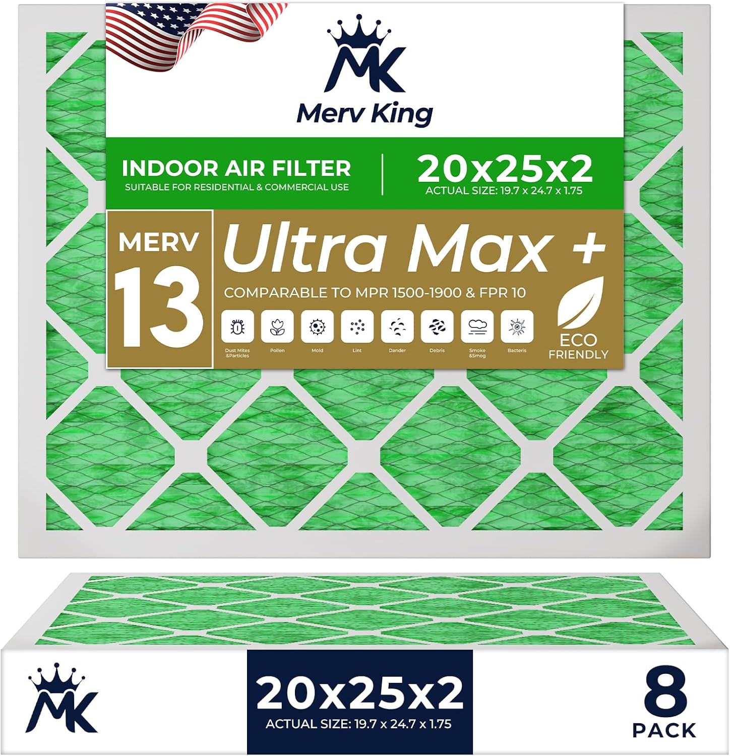 MervKing 20x25x2 Air Filter | MERV 13 | MPR 1500-1900 Ultra Max | 8-Pack | Pleated HVAC AC Furnace Replacement Air Filters | Actual Size: 19.7" x 24.7" x 1.75"