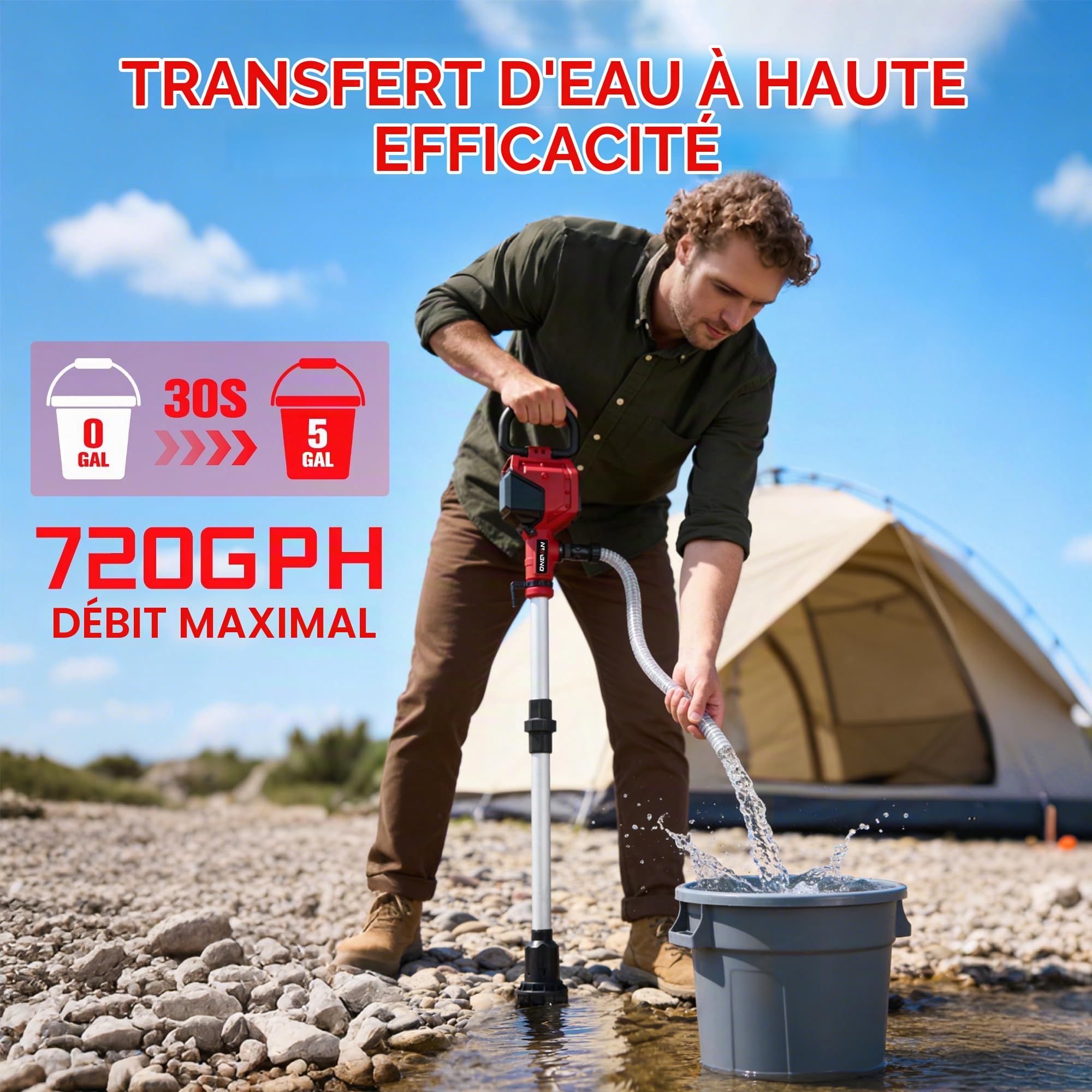 ONEVAN Pompe à Eau sans Fil avec Perche Télescopique, 2x 3,0Ah Batteries | Débit de 2740 l/h, hauteur de refoulement de 10m, tube télescopique de 90 cm, brushless, pour le drainage et l'irrigation