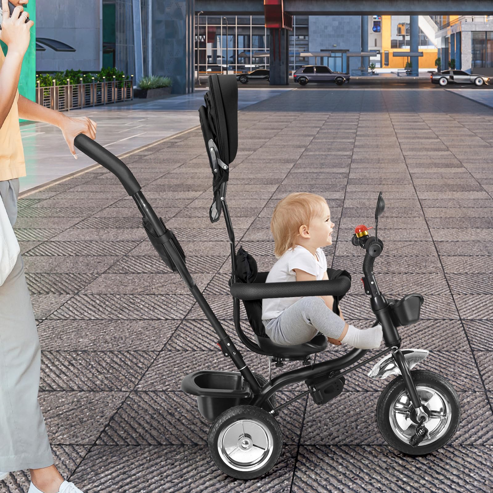 HUOLE Tricycle Enfant Évolutif 4 en 1, Tricycle Bébé Évolutif avec Siège Réversible, Poignée de Poussée Réglable, Canne, Cloche, Rétroviseurs, Harnais de Sécurité pour Enfants 9 Mois à 5 Ans (Noir)