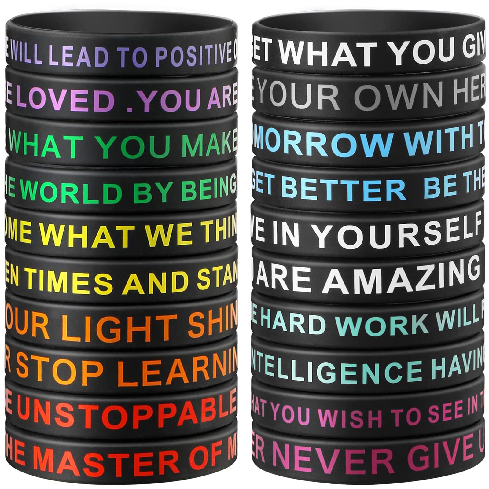 QEERBSIN 20 Pcs Motivational Quote Rubber Wristbands – Inspirational Bracelets for Student – Stretch Unisex Bracelets – Perfect Back-to-School Gifts –