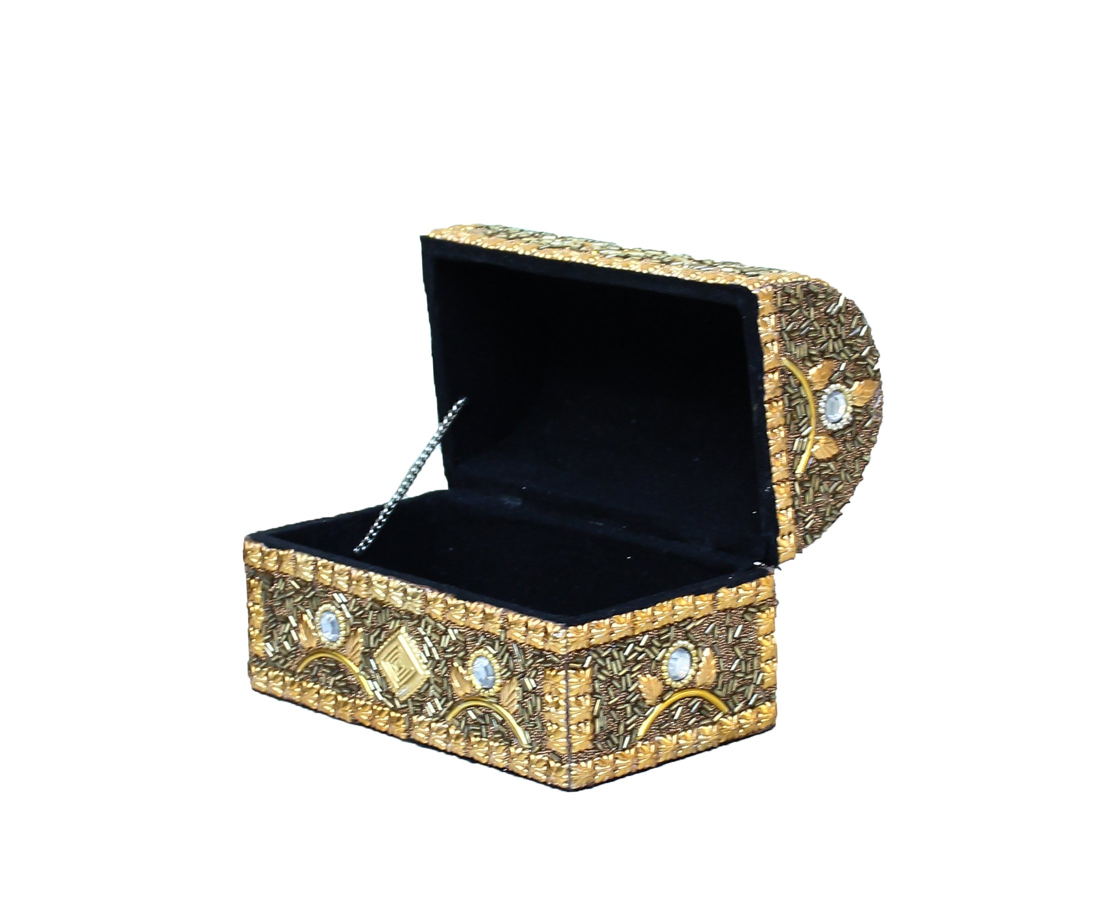 White Box Rectangular Wooden Jewelry Box or Storage Chest with Handmade Traditional Moti Work (20X13X12 cm, Golden) Standard