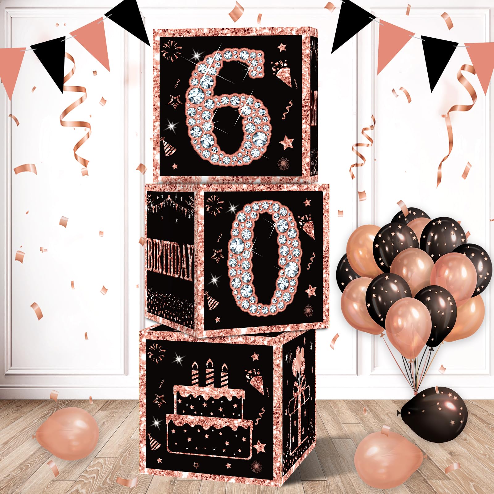 Eiurteao 3pcs 60th Birthday Decorations Boxes for Women, Rose Gold Happy 60 Birthday Balloons Boxes Party Supplies, Sixty Bday Theme Cardboard Box