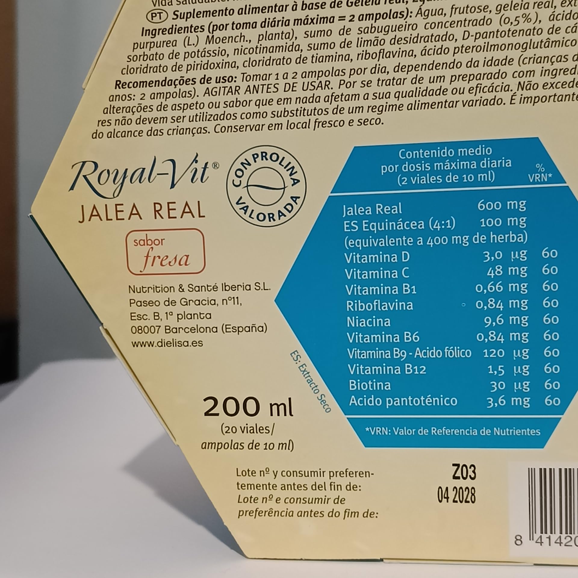 Dietisa Royal-Vit Jalea Real Infantil Defensas - Pack Ahorro 3 x 20 Viales - Con Equinácea, 600mg Jalea Real, Vitaminas B, C y D - Sin Gluten y Sin Lactosa - Para Sistema Inmunitario - Sabor Fresa