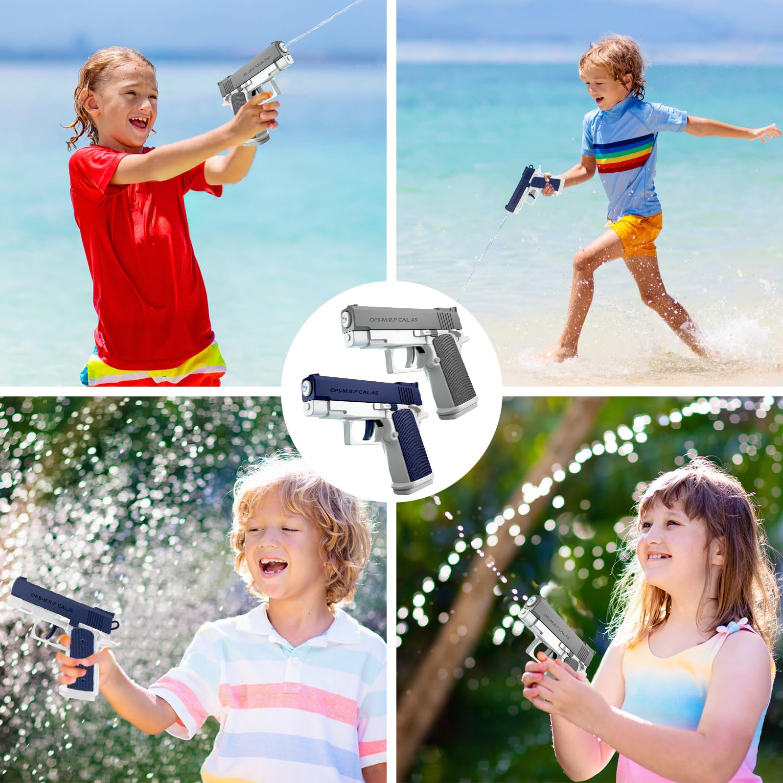 Pistola ad Acqua 2 Pezzi Pistole ad Acqua per Bambini Portata 10 Metri per Estivi Feste all'aperto, Piscina, Spiaggia, Giochi, Regali per Bambini (Blu+Grigio)