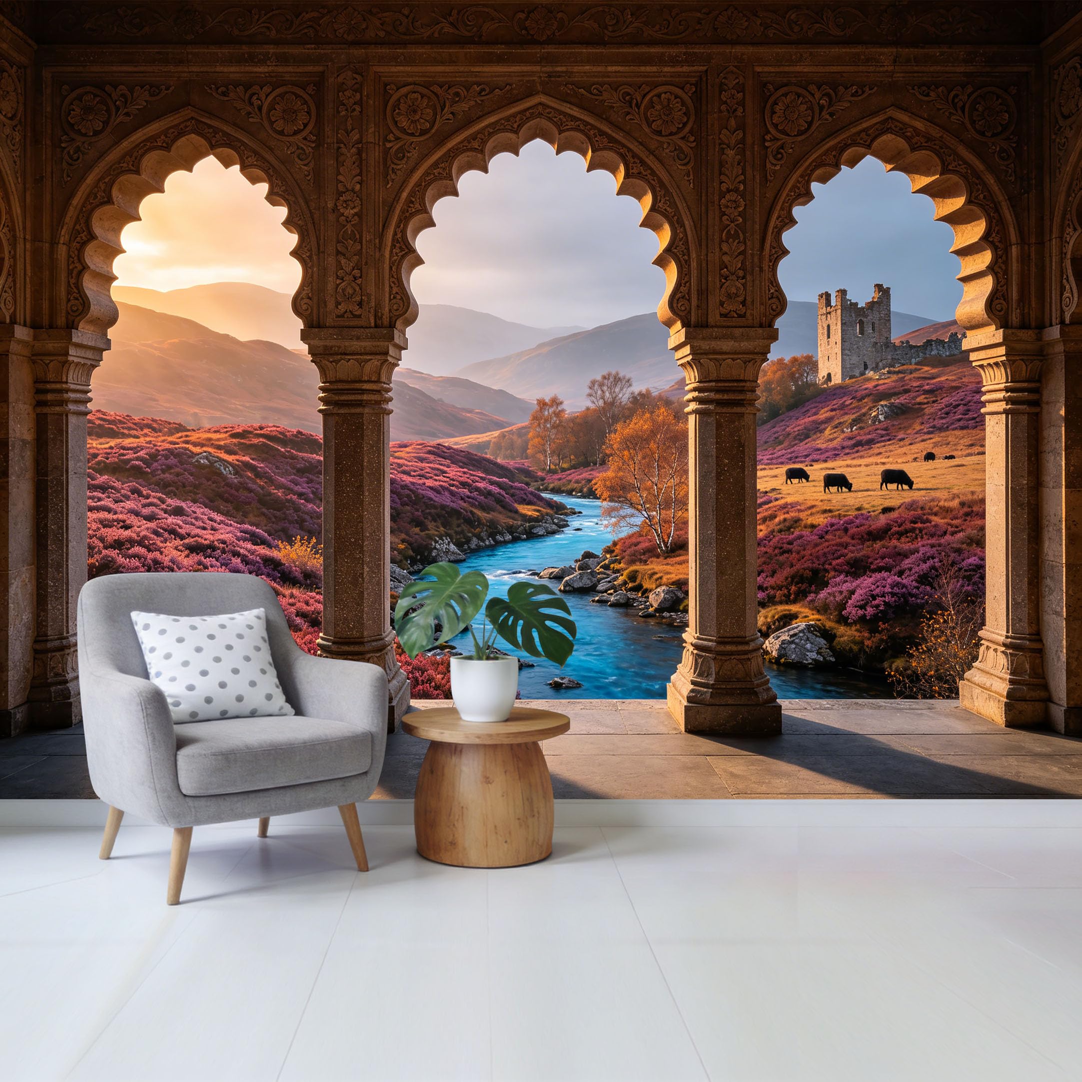 Custom Size Wall Mural Highland Castle River Landscape Removable Self Adhesive Fabric，Home Wall Decor for Living Room Bedroom Bathroom 3D Trompe L'Oeil View