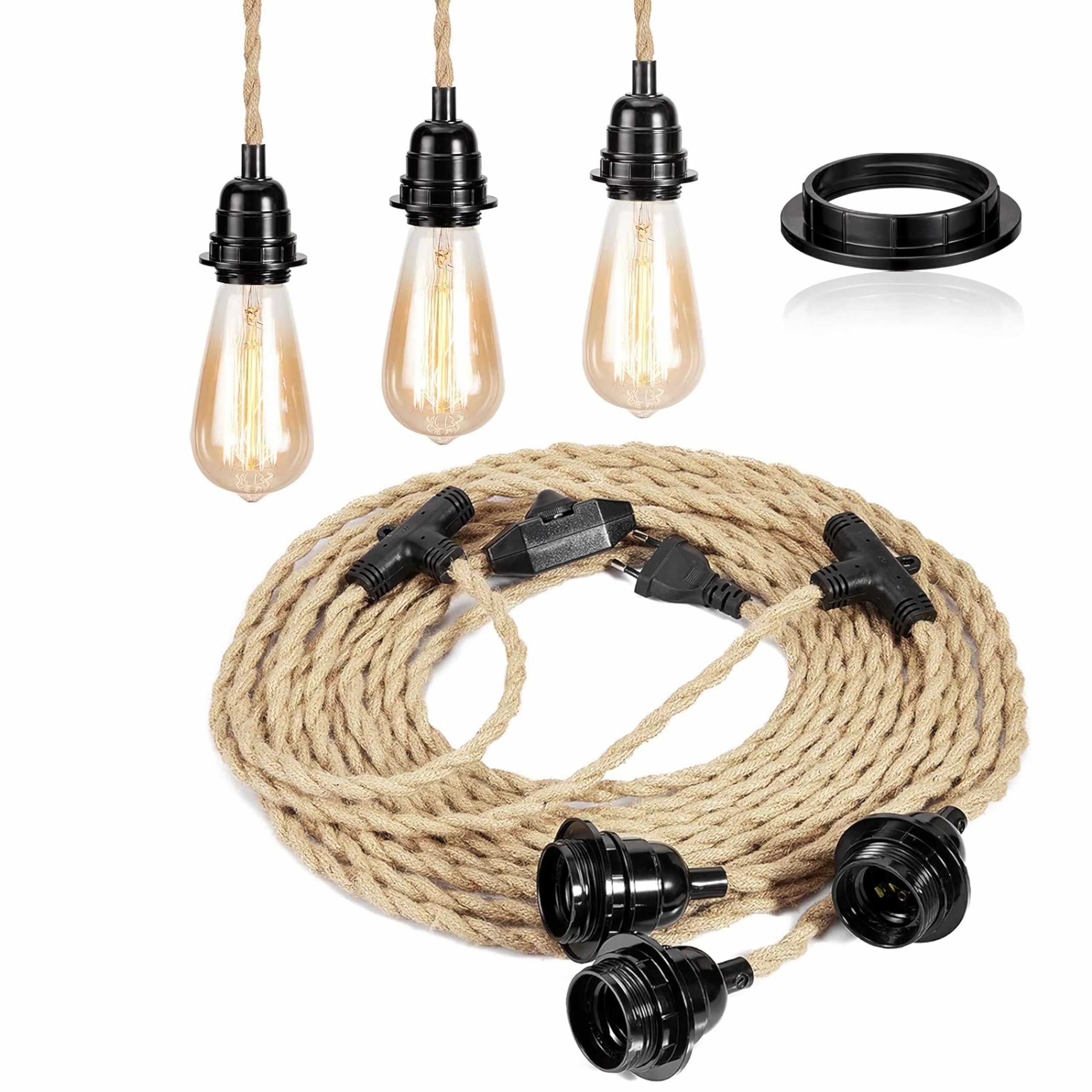 FRIDEKO HOME 8.8m Vintage Hemp Rope Plug in Hanging Lighting Kit Black Cage Light Cord Kit with On/Off Switch, Industrial E27 Socket Lighting Fixtures for Hallway, Living Room, Farmhouse and Bedroom