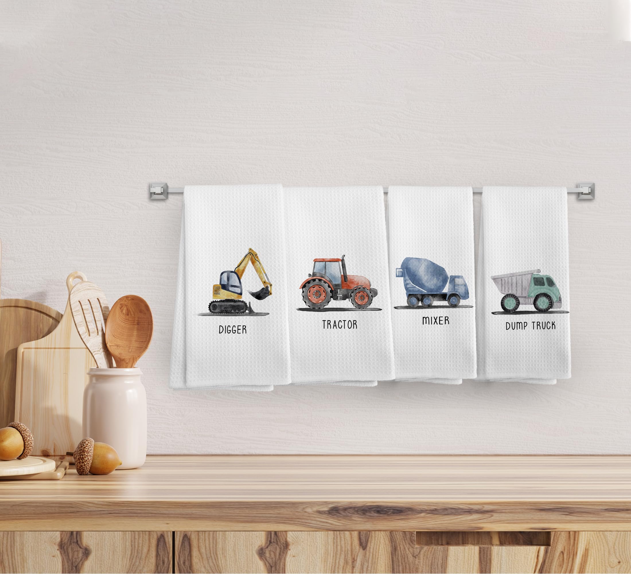 Juego de 4 toallas de mano decorativas de vehículos de construcción para niños, toalla de mano decorativa para niños, vehículos de ingeniería, toallas de mano para baño, cocina, 16 x 24 pulgadas