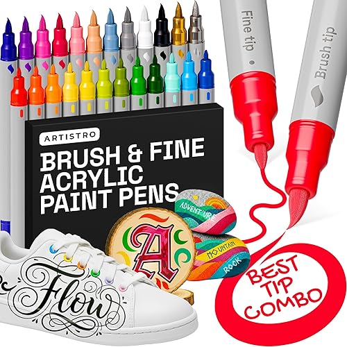 ARTISTRO 24 Acrylic Paint Pens - Dual Tip Brush + Fine Ideal for Calligraphy - Acrylic Paint Markers for Fabric, Rock, Glass, Wood, DIY - Art Supplies, Stocking Stuffers, Christmas Gift Idea