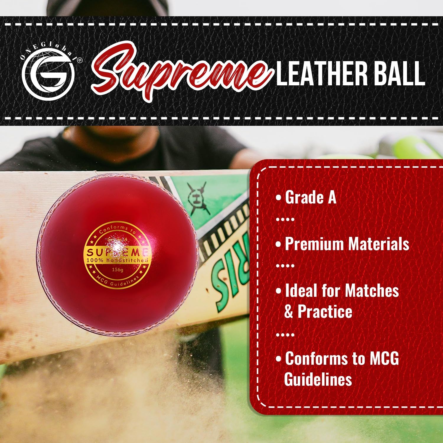 Supreme Cricketball aus echtem Leder, Lederball mit handgenähter Naht, hochwertige harte Bälle für Club- und Liga-Spiele (Senioren, 156 g, Junioren 135 g, Damen 142 g)