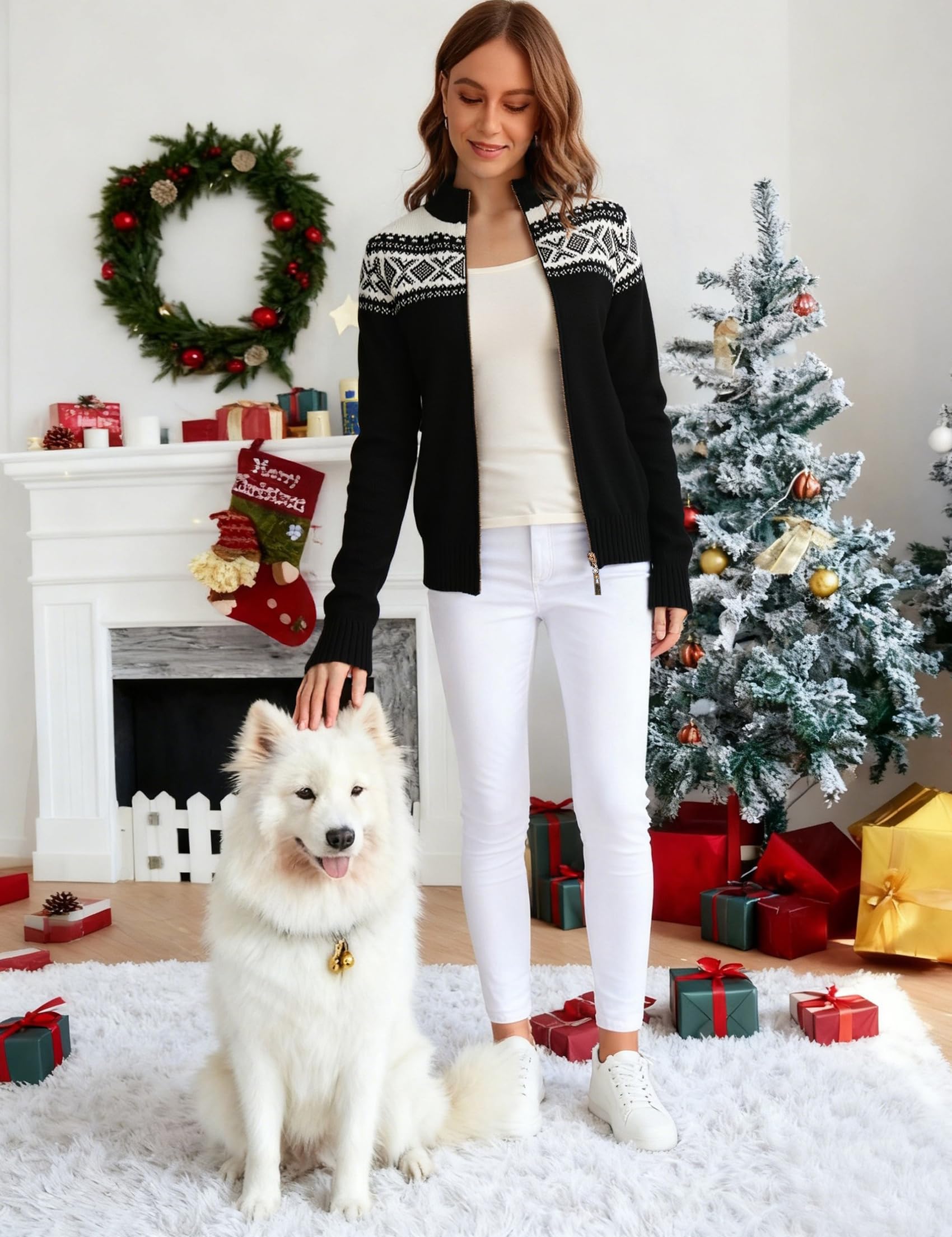 Sykooria Gilet Noël Femme Hiver Chaud Cardigan en Tricot à Glissière Manches Longues Sweater Imprimé Pull Veste Tricoté Chic | Manches longues, col montant, fermeture éclair, motif de Noël, look d'hiver chaud, fête de Noël, soirée de famille et loisirs