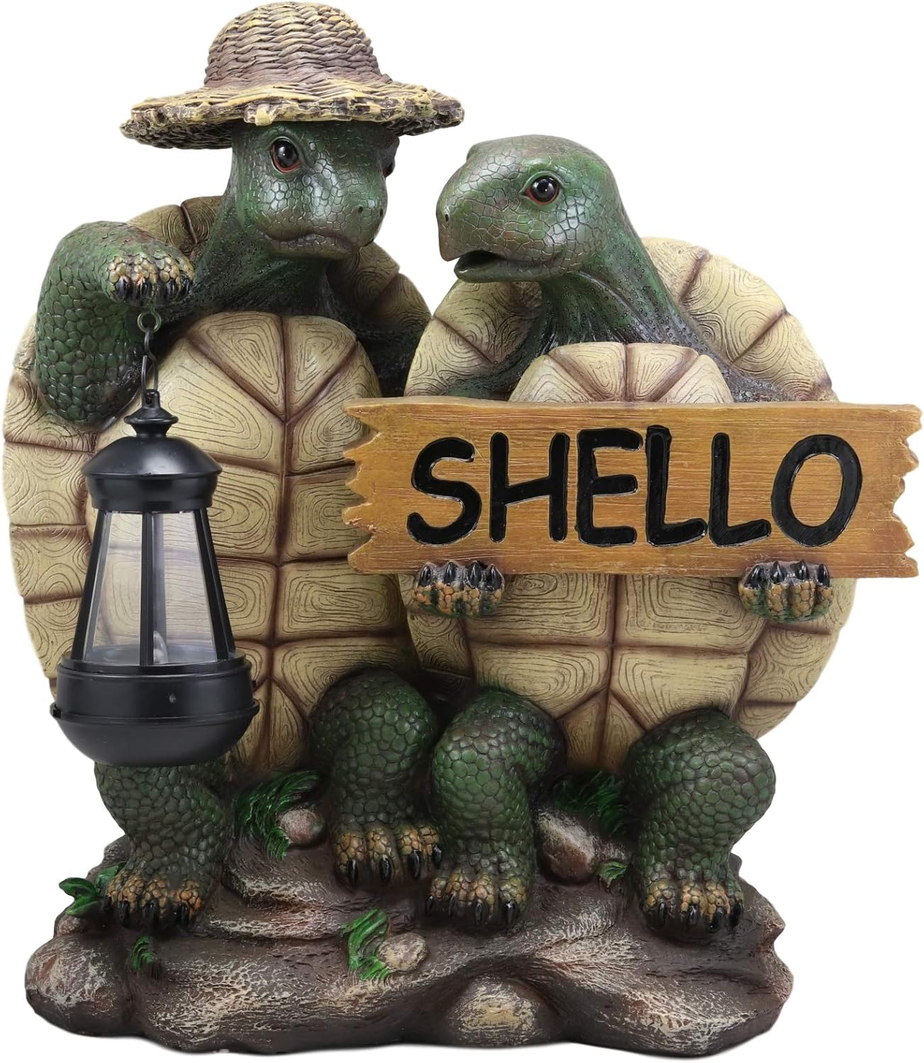Ebros Gift Nautical Night Explorers Tortoise Lovers with Straw Hat Carrying Solar LED Lantern Light and SHELLO Greeting Sign Statue 15.25" H Turtles Garden Yard Pool Patio Deck Home Decorative Accent