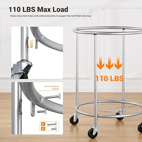 Miniatura 6 de ELYKEN Cesta de lavandería con ruedas, cesta de ropa grande de 170L con diámetro de 23.6" y bolsa interior extraíble, carro de ropa fácil de rodar