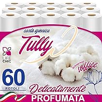 LifeChic Carta Igienica TULLY 60 Rotoli 2 Veli Profumata al Talco – Carta Morbida e Resistente, Delicata sulla Pelle, Ideale per Bambini e Famiglia, Rotoli Lunghi e di Qualità Premium