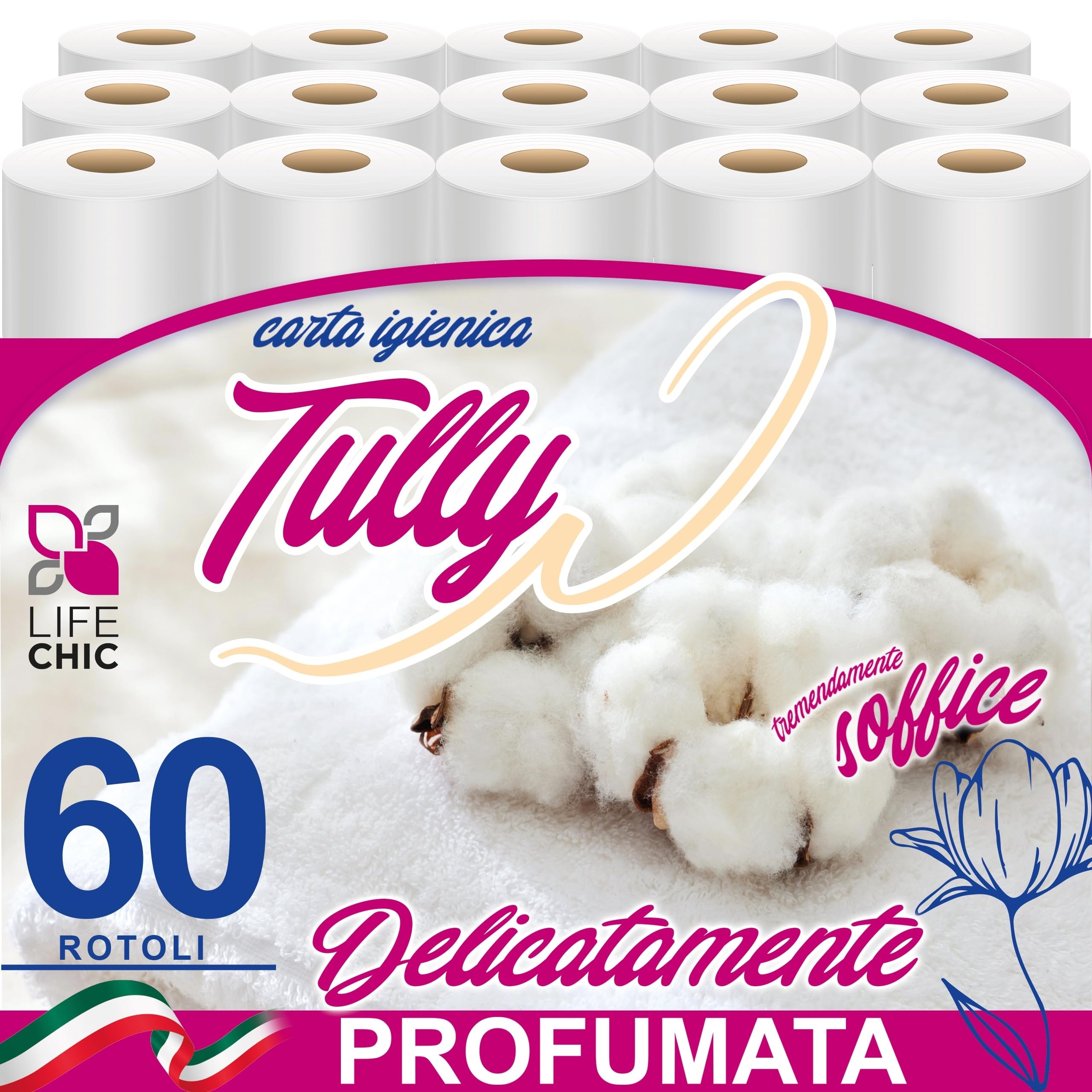 Carta Igienica TULLY 60 Rotoli 2 Veli Profumata al Talco – Carta Morbida e Resistente, Delicata sulla Pelle, Ideale per Bambini e Famiglia, Rotoli Lunghi e di Qualità Premium