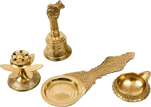 Spillbox Traditional Brass Combo of Nandi Bell | Ghanti | Incense Stick Holder | Agarbatti Dhoop Stand | Kapoor Aarti Spoon | Brass Diya for Puja KUBER-BKD