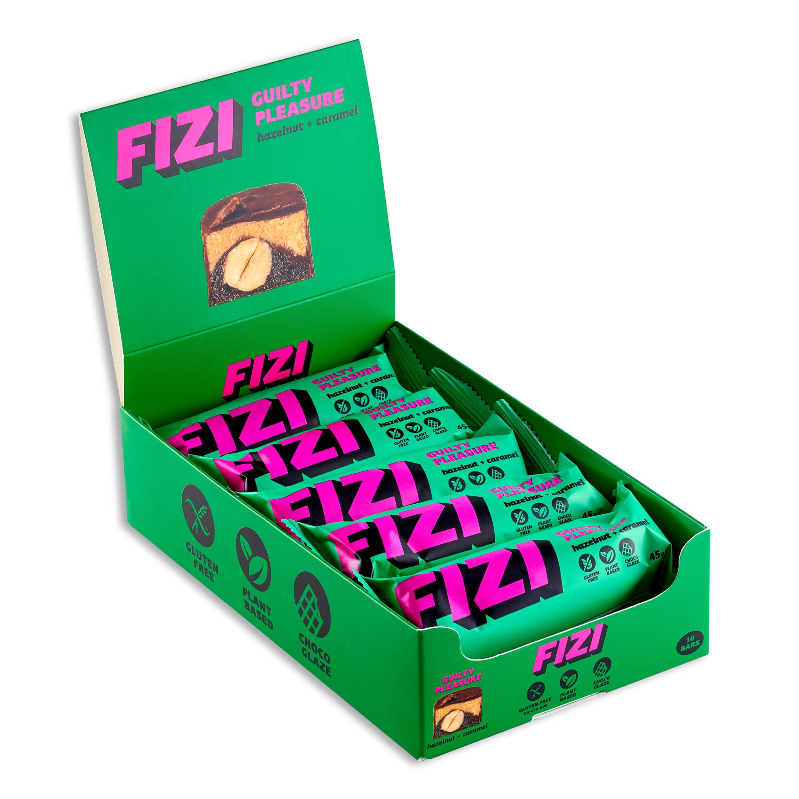 FIZI Czekoladowe Batony Wegańskie Orzech Laskowy i Karmel, W czekoladowej polewie, Na bazie roślin, Bez rafinowanego cukru, Bez glutenu, Bez GMO, Bez laktozy, Idealna przekąska w podróży (10x45g)