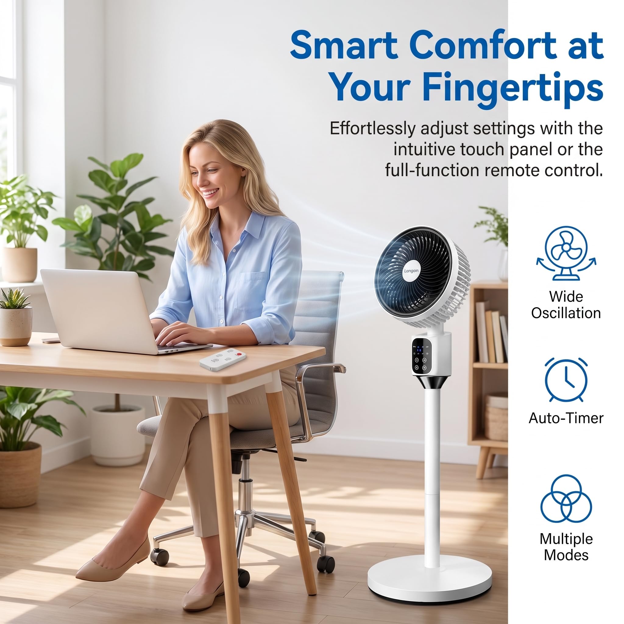 Ventilatore a Colonna Silenzioso, Ventilatore a Circolazione d'Aria a Piantana con Telecomando, Ventilatore 2 in 1 Tavolo e Pavimento, Oscillante 3 Velocità, Timer 7.5h e Modalità Sonno