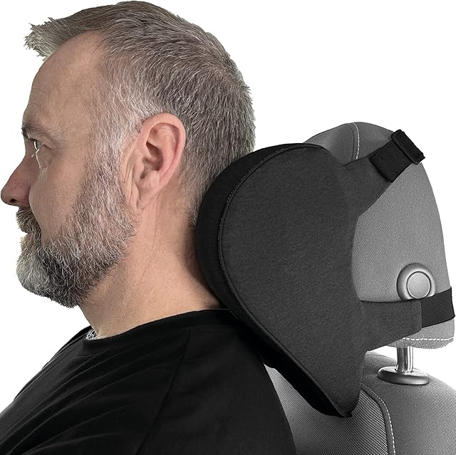 SNUGL Car Headrest Pillow - Memory Foam Car Neck Pillow | Two Adjustable Straps | Breathable & Removable Cover | Ergonomic Design | Travel Neck Pillow for Car (Jet Black - One Size)