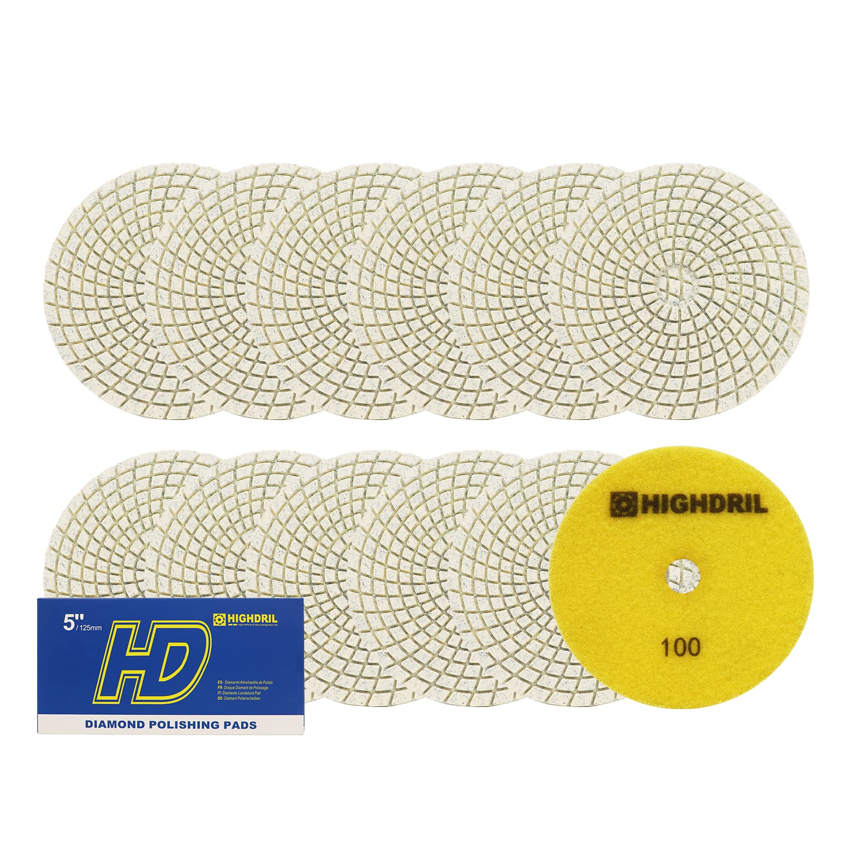 Natte Diamant Polijsten Pads, HIGHDRIL 12 stks 125MM #100, voor Graniet Marmer Schuren Gebruikt op Grinder of Polijstmachine