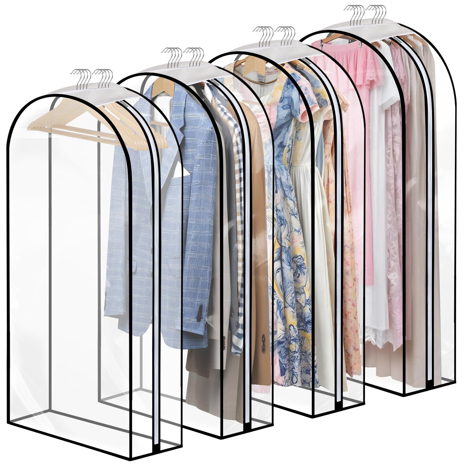 4 Pack Full Clear Garment Bags, 60" Clothes Covers with 10" Gusseted, Transparent Bags for Hanging Clothes Suit Bags