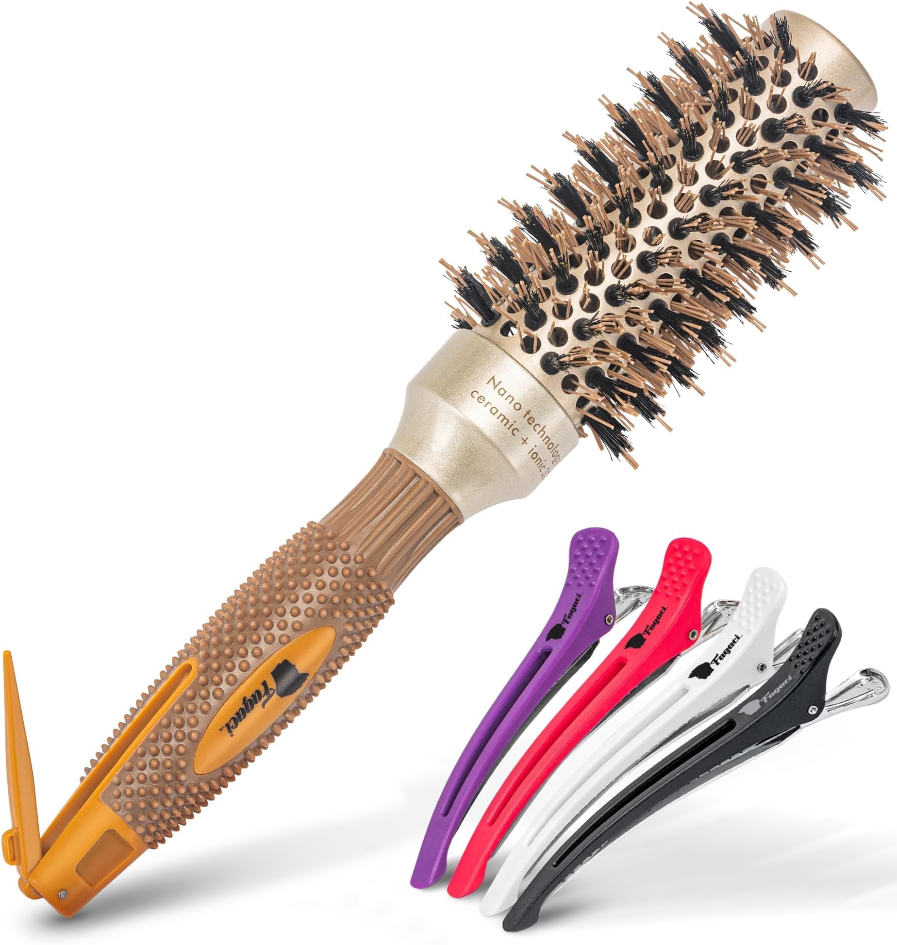 Fagaci Small Round Brush for Blow Drying with Natural Boar Bristle, Round Brush | Nano Technology Ceramic + Ionic for Hair Styling, Drying, Healthy Hair and Add Volume | Hair Brush + 4 Styling Clips