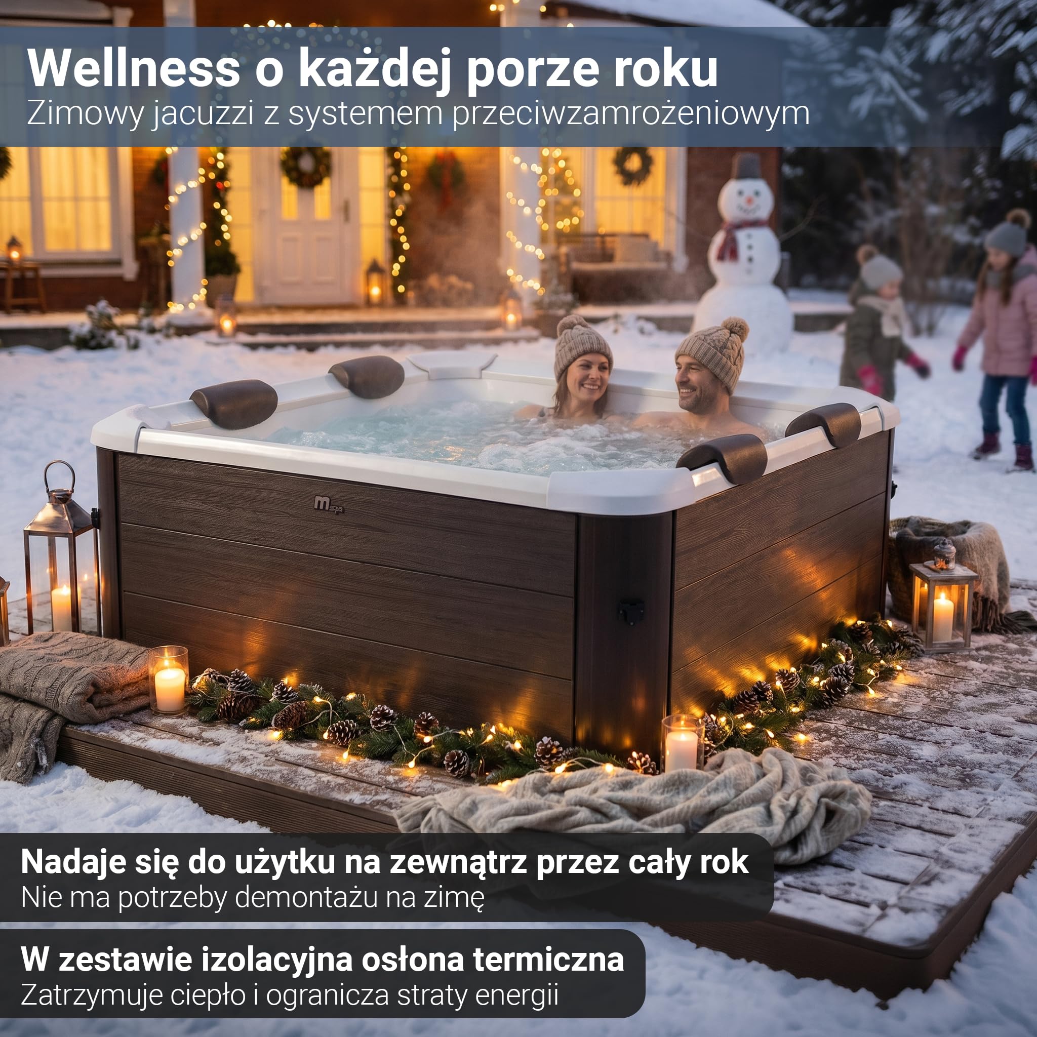 Miweba MSpa Jacuzzi Tribeca ze sztywną ścianą zewnętrzną | sterowanie aplikacją | spa 6-osobowe | 160x160x65 cm | 120 dysz masujących | całoroczne, zimoodporne | basen wewnętrzny i ogrodowy