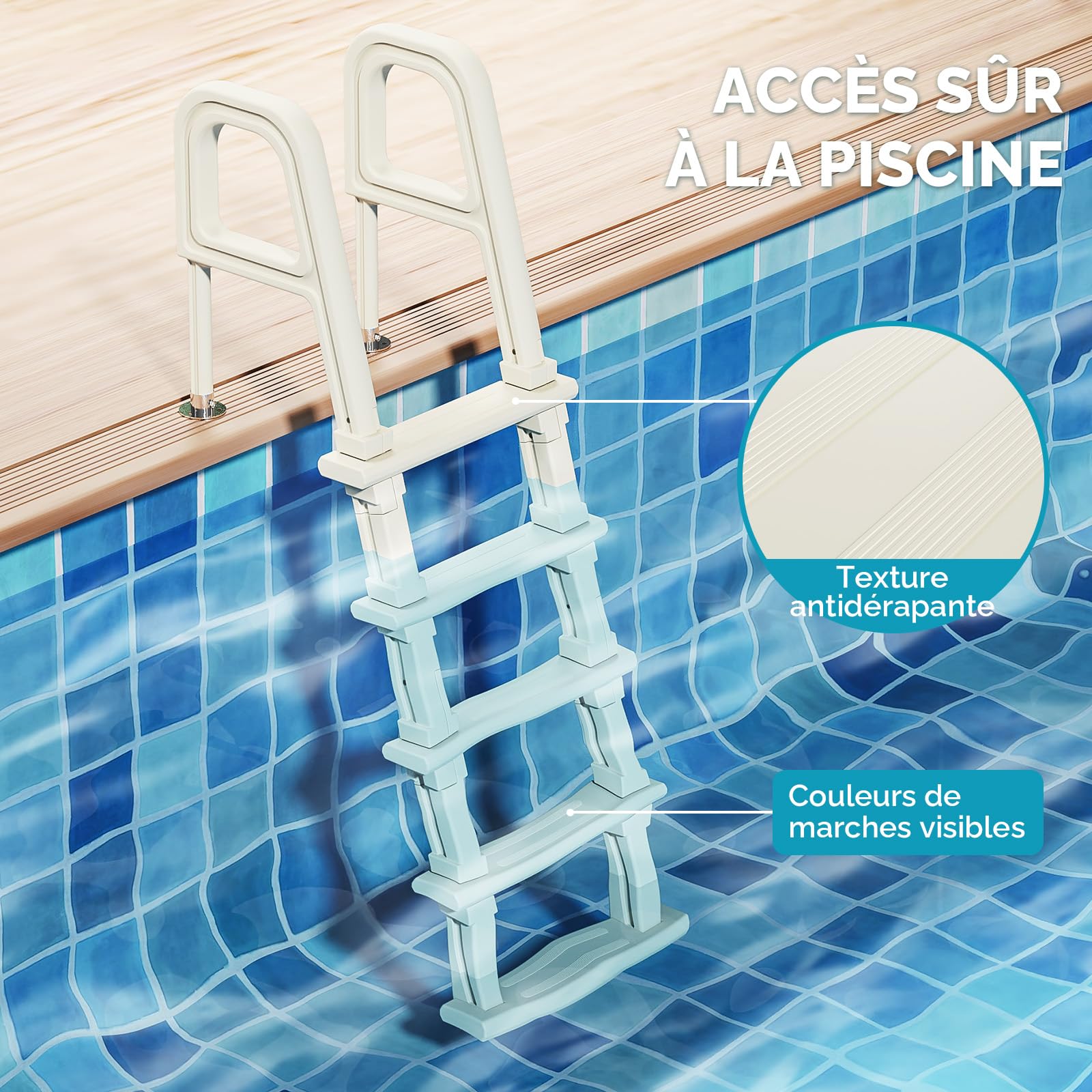 BONNLO Échelle de Piscine 5 Marches Antidérapantes, PE, Escalier de Piscine Uni-Côté, 150×60×60cm, Adaptée aux Piscines Hors Sol et Creusées, Blanc Cassé