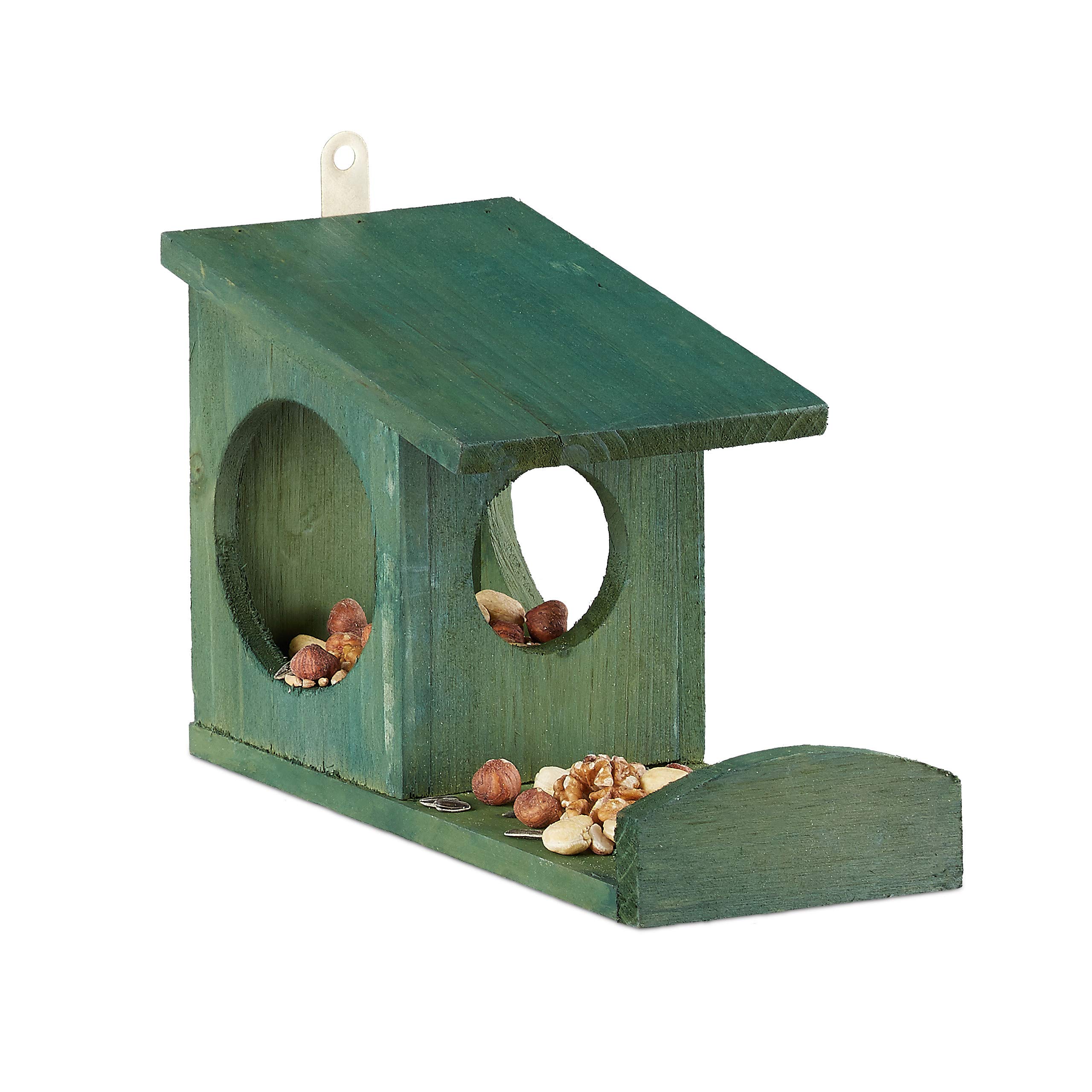 Relaxdays, 5 x 14 x 25 cm Comedero Ardillas para Colgar, Madera de Abeto, Verde Oscuro, 17