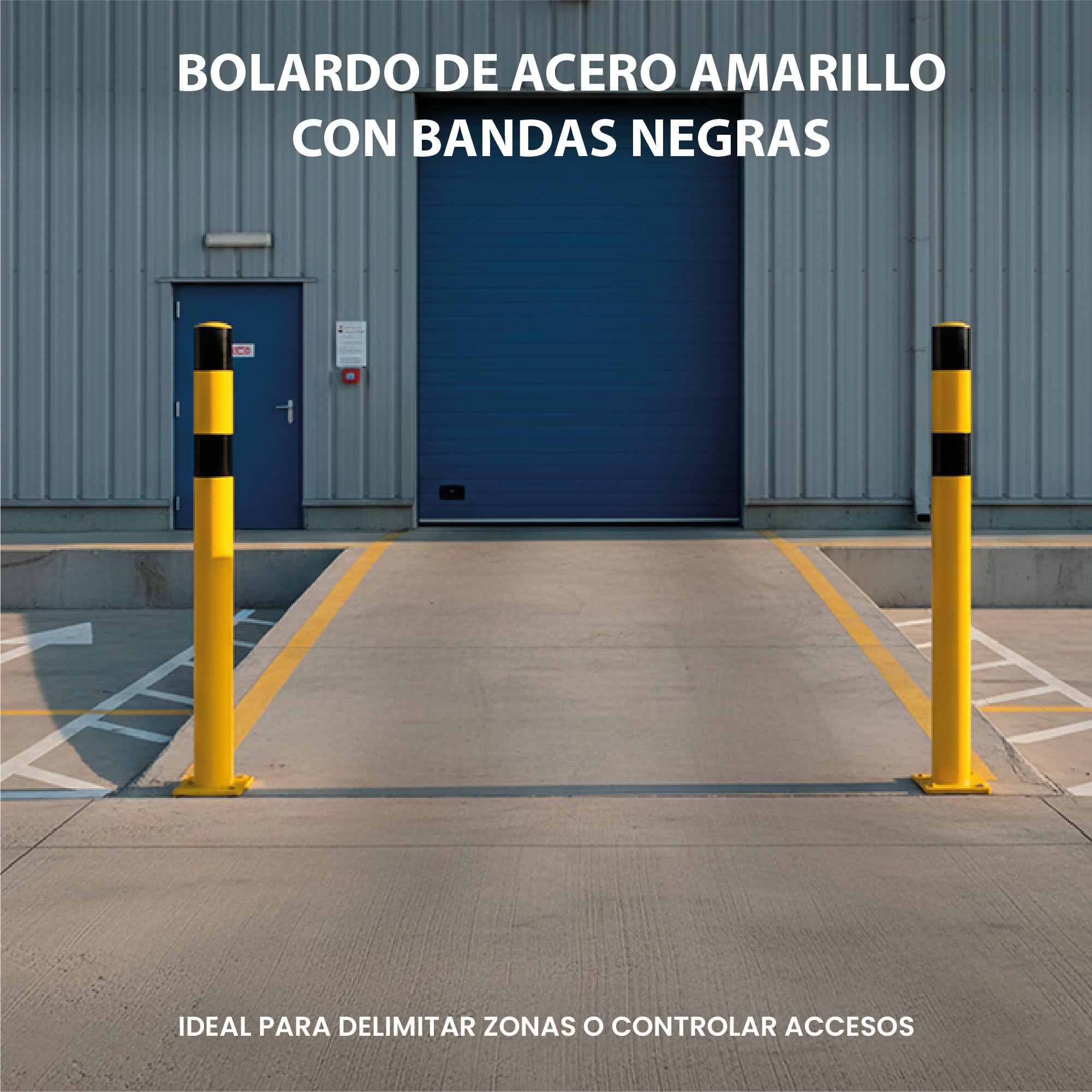 Bolardo Metálico Amarillo con Bandas Negras – Poste de Protección para Parkings, Almacenes y Zonas Industriales – Tope de Seguridad para Vehículos, Áreas de Carga y Control de Accesos (1)