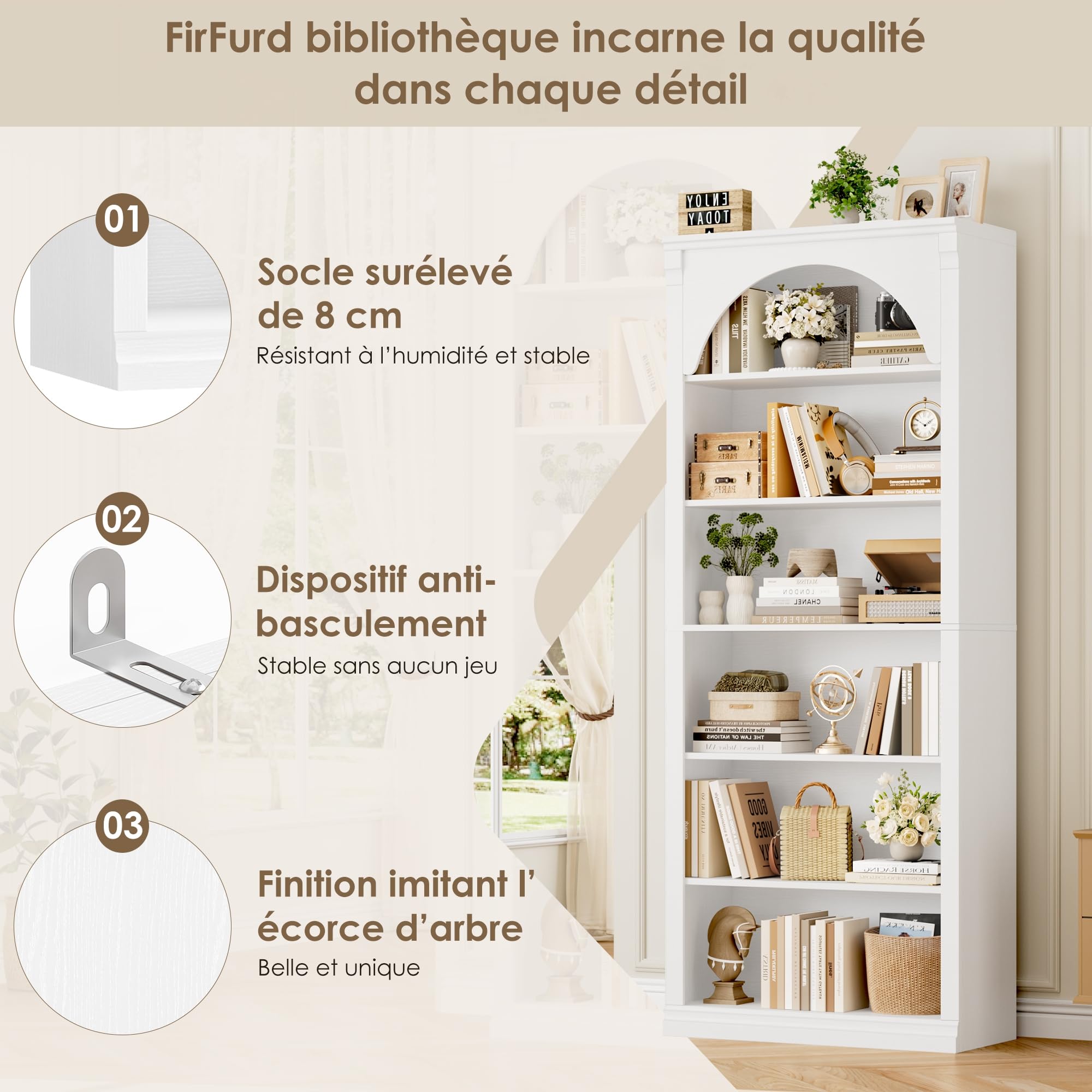 FirFurd Bibliotheque 186 cm 6 Étagères Bibliothèque Meuble de Rangement en Arc Étagere Rangement Ouverte Bibliothèques pour Salon, Bureau, Chambre 75x28x186cm Blanc