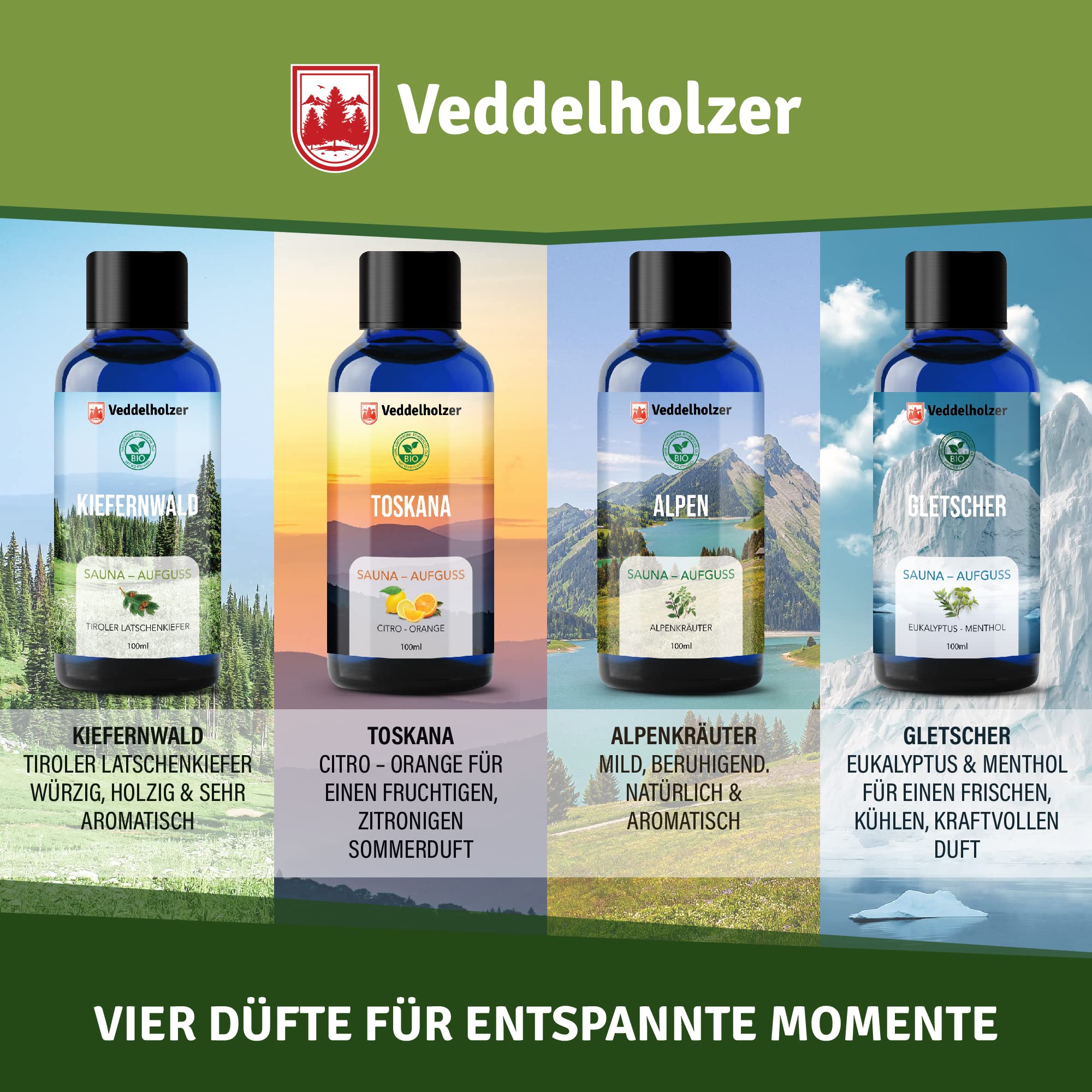 Veddelholzer BIO - Juego de infusión de sauna con aceites esenciales 100 % naturales 4 x 100 ml, diferentes aceites de sauna, aroma de sauna, accesorios de sauna como set de regalo todo en uno